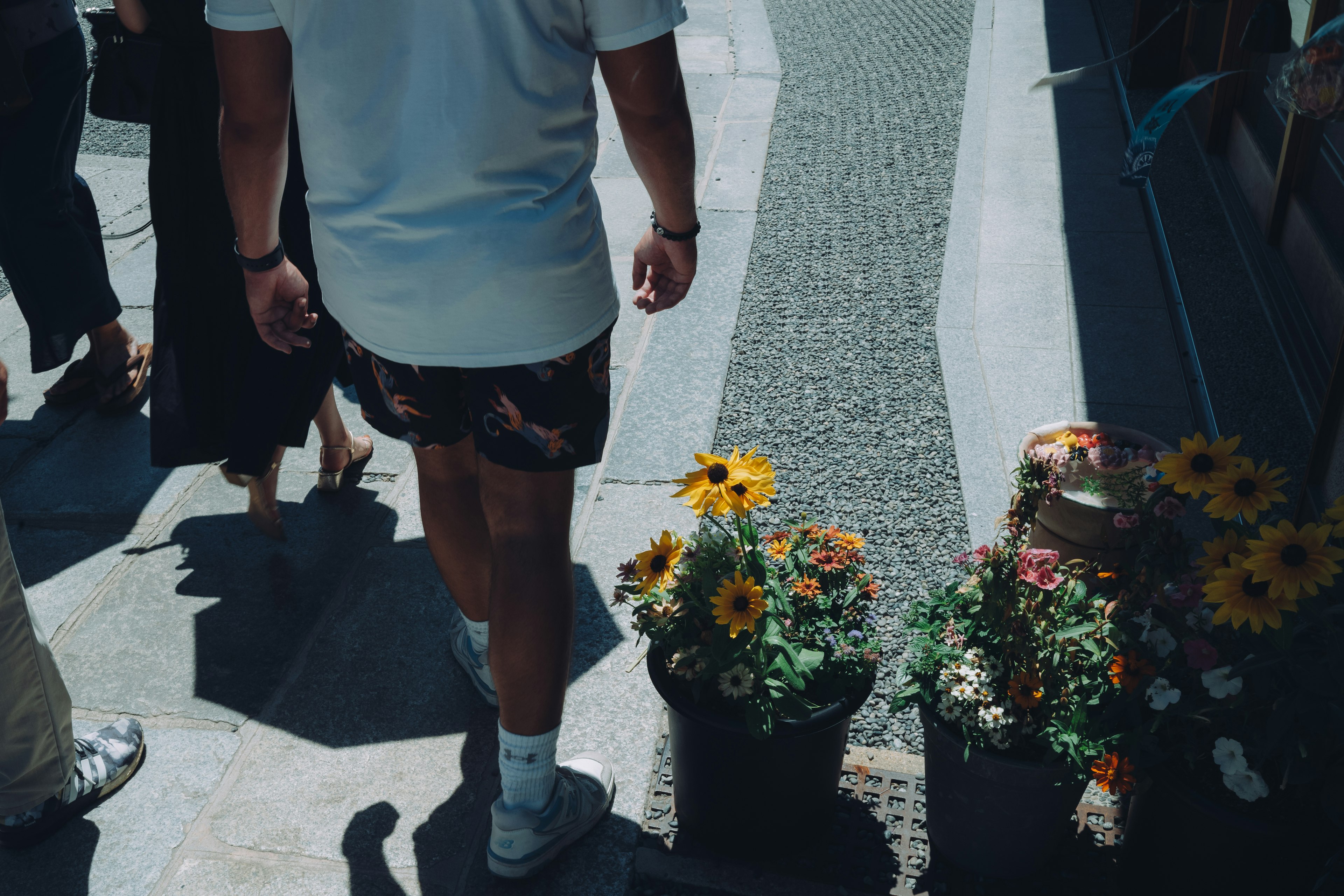 Un hombre caminando por una acera con macetas de flores cercanas