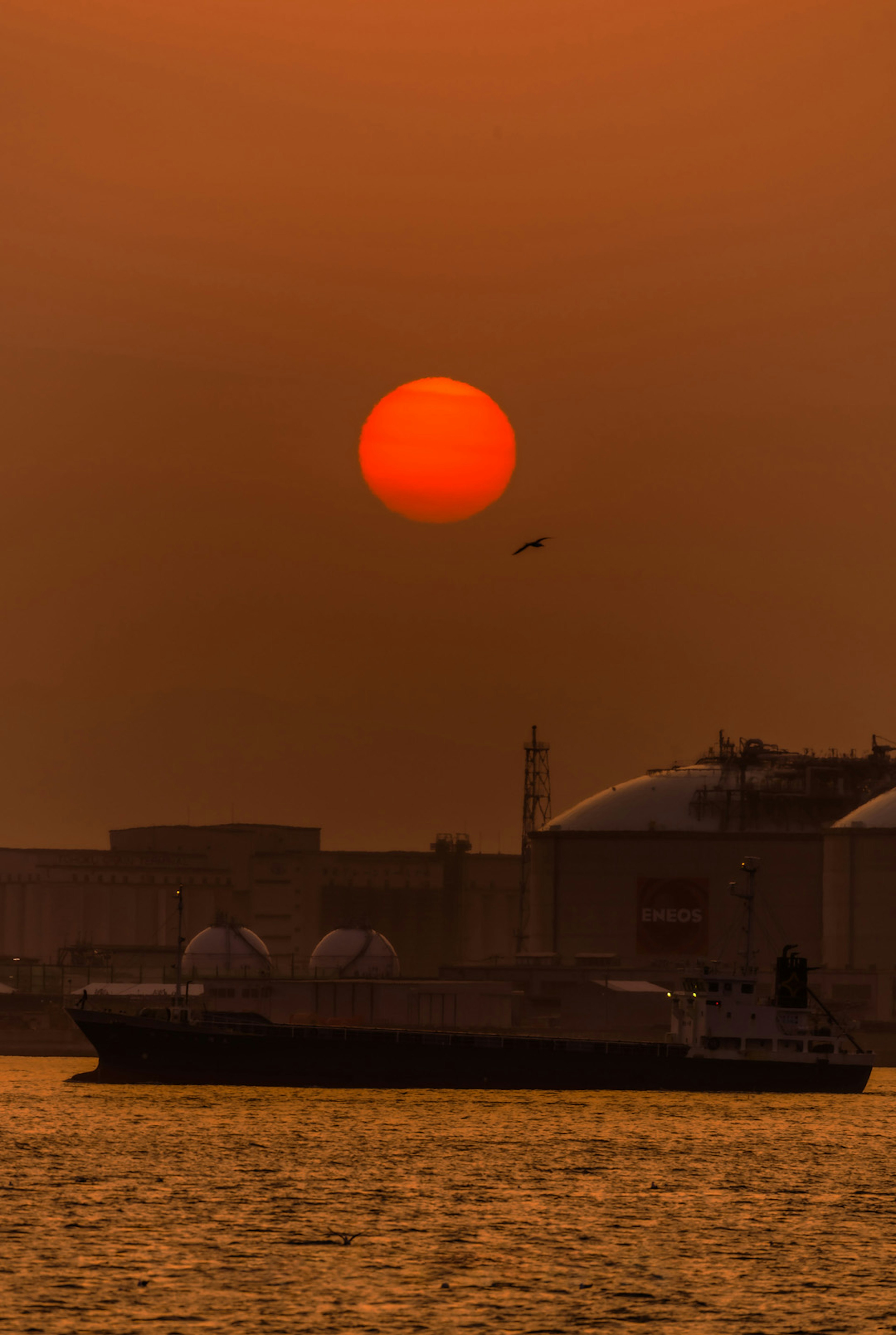 夕焼けのオレンジ色の太陽が水面に反射している港の風景