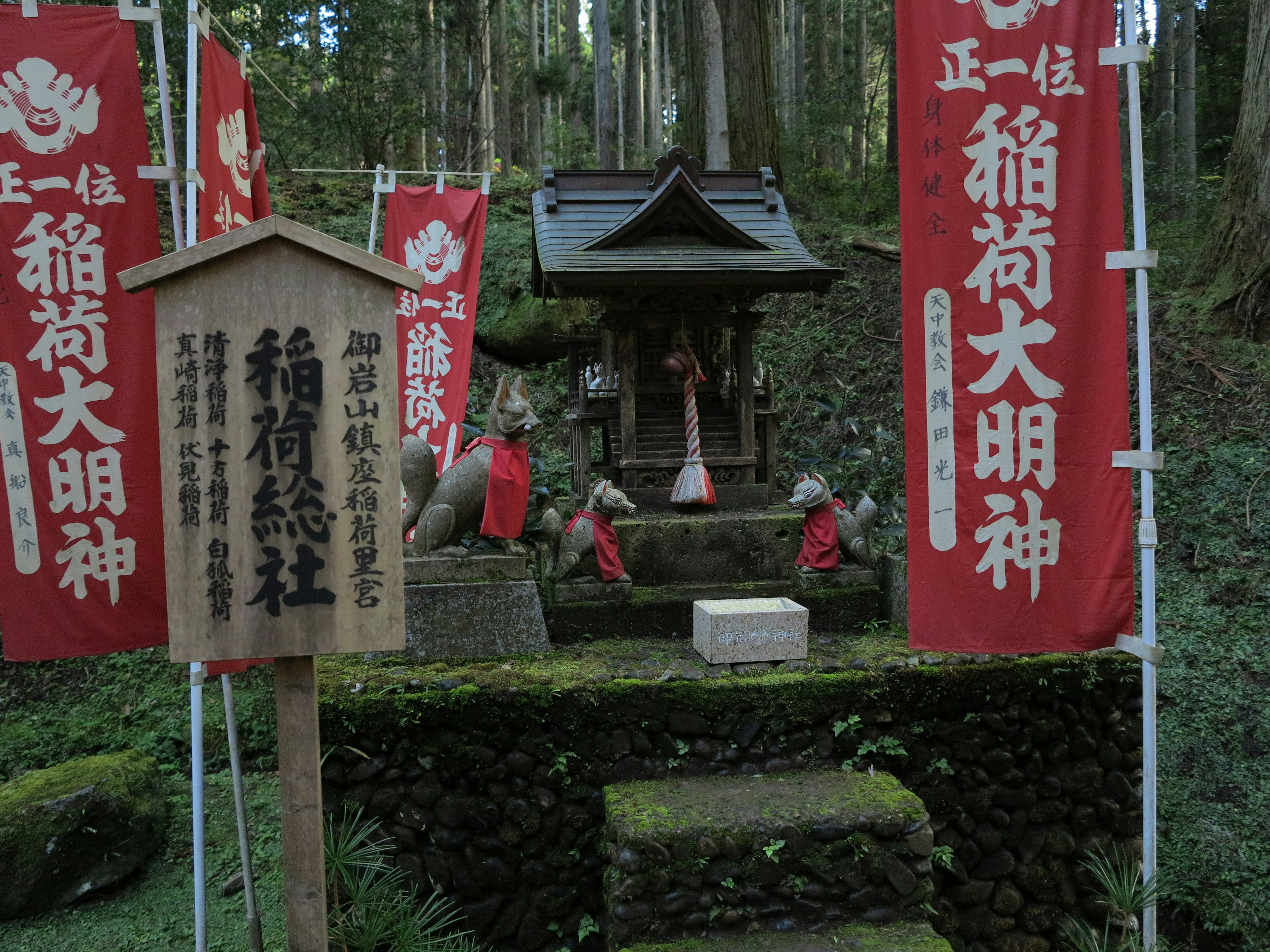 深い森の中にある稲荷神社の小さな社と赤い旗