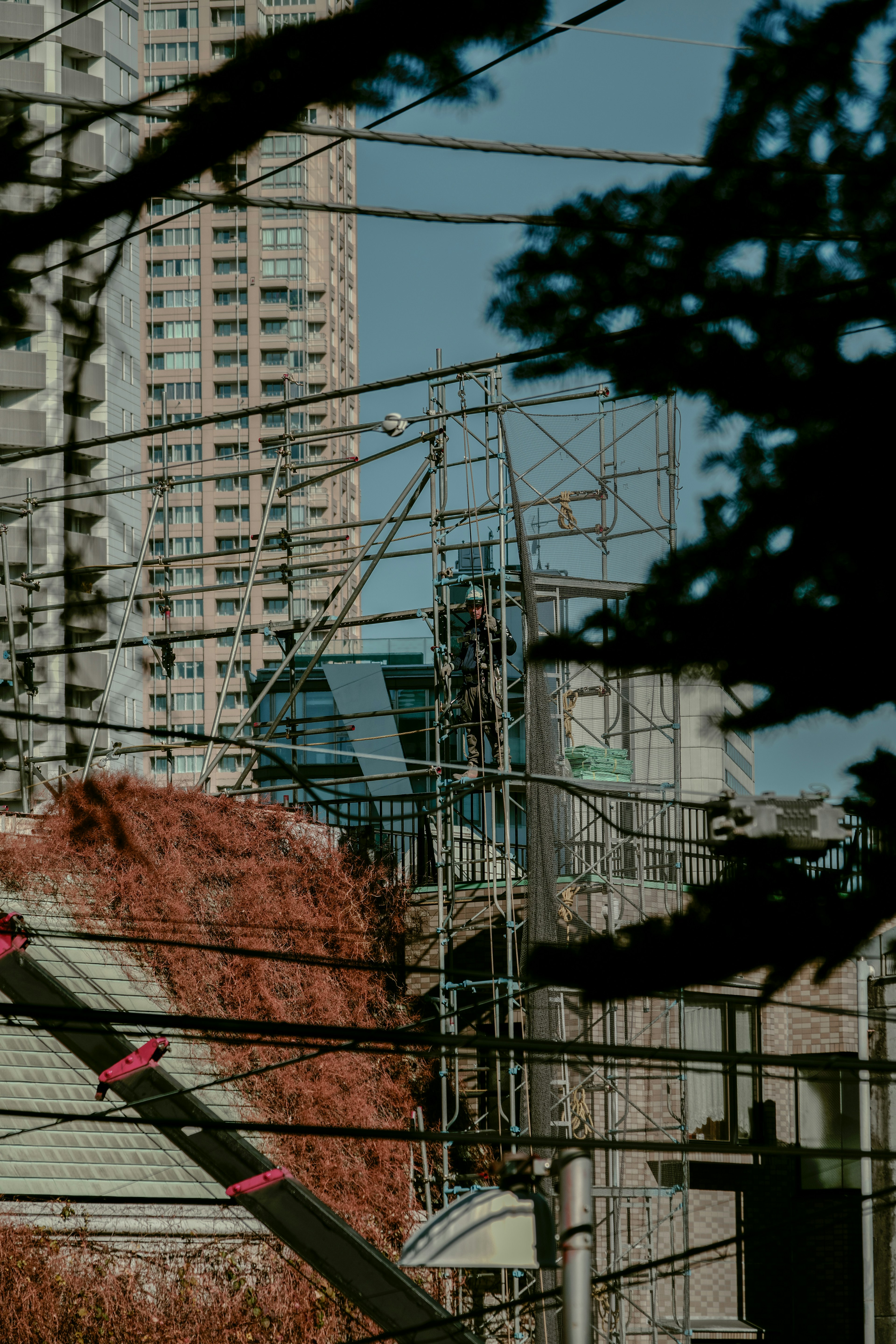 Urban landscape featuring intersecting power lines