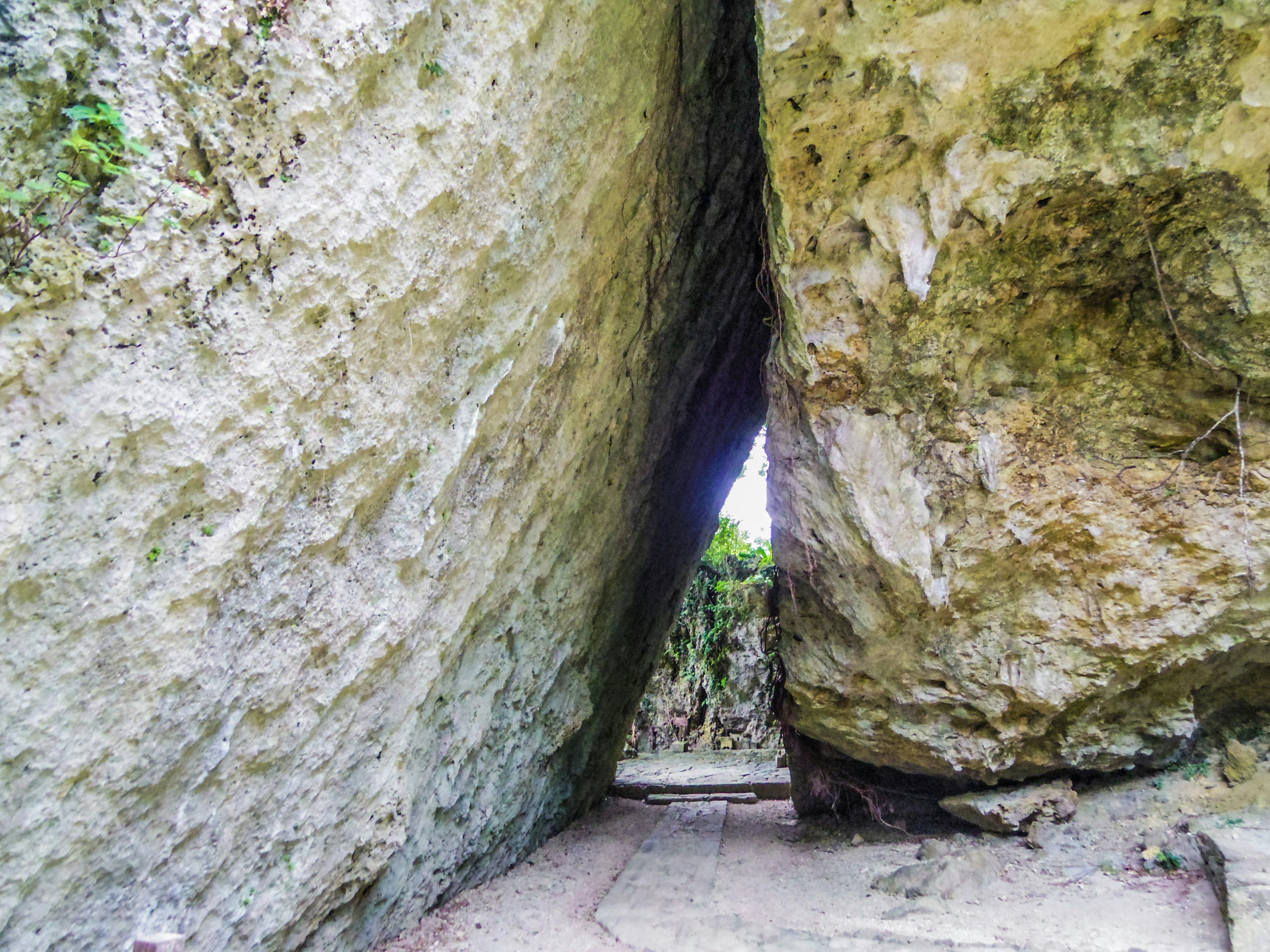 Natural tunnel formed by two large rocks with greenery