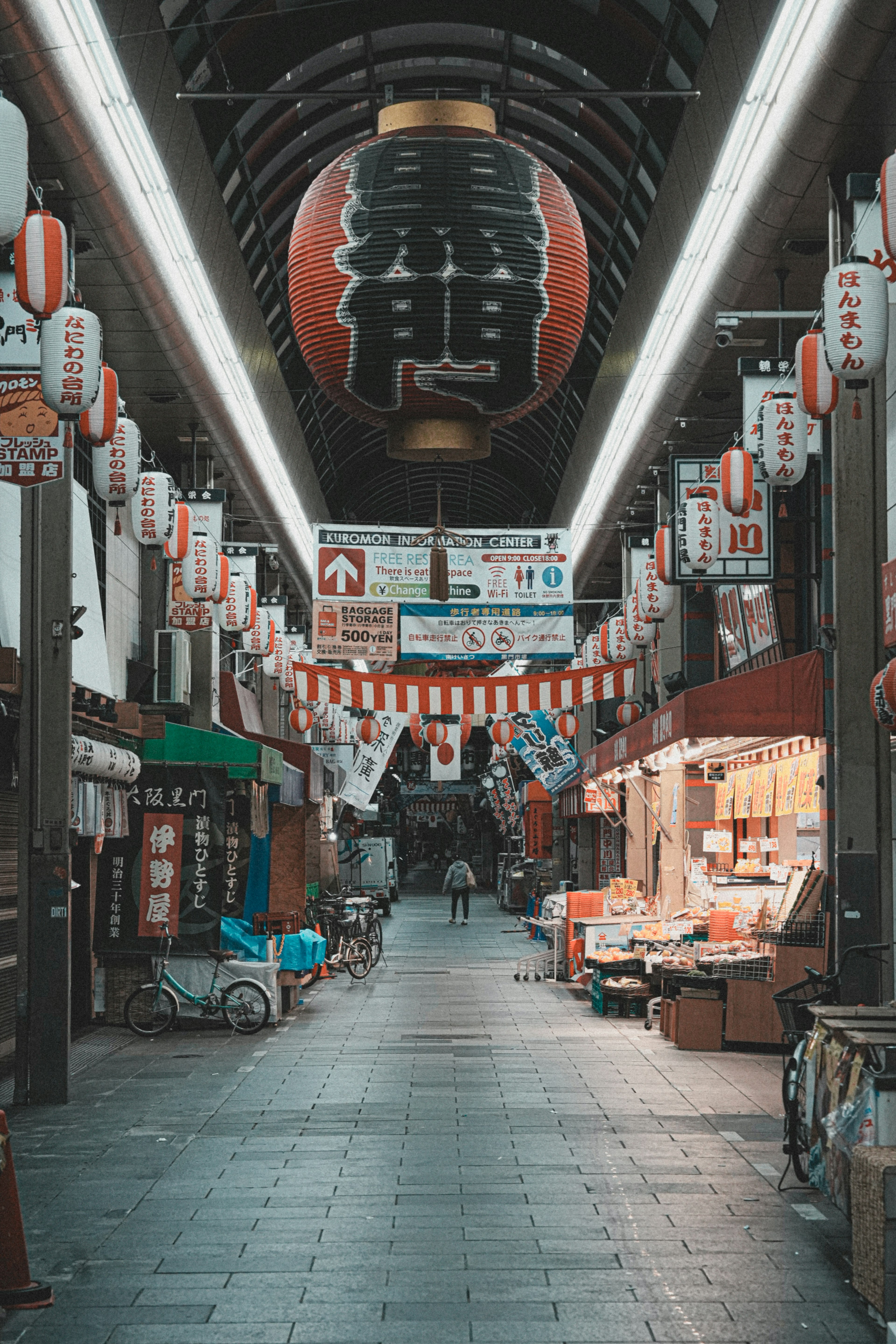 Bustling shopping street with hanging lanterns