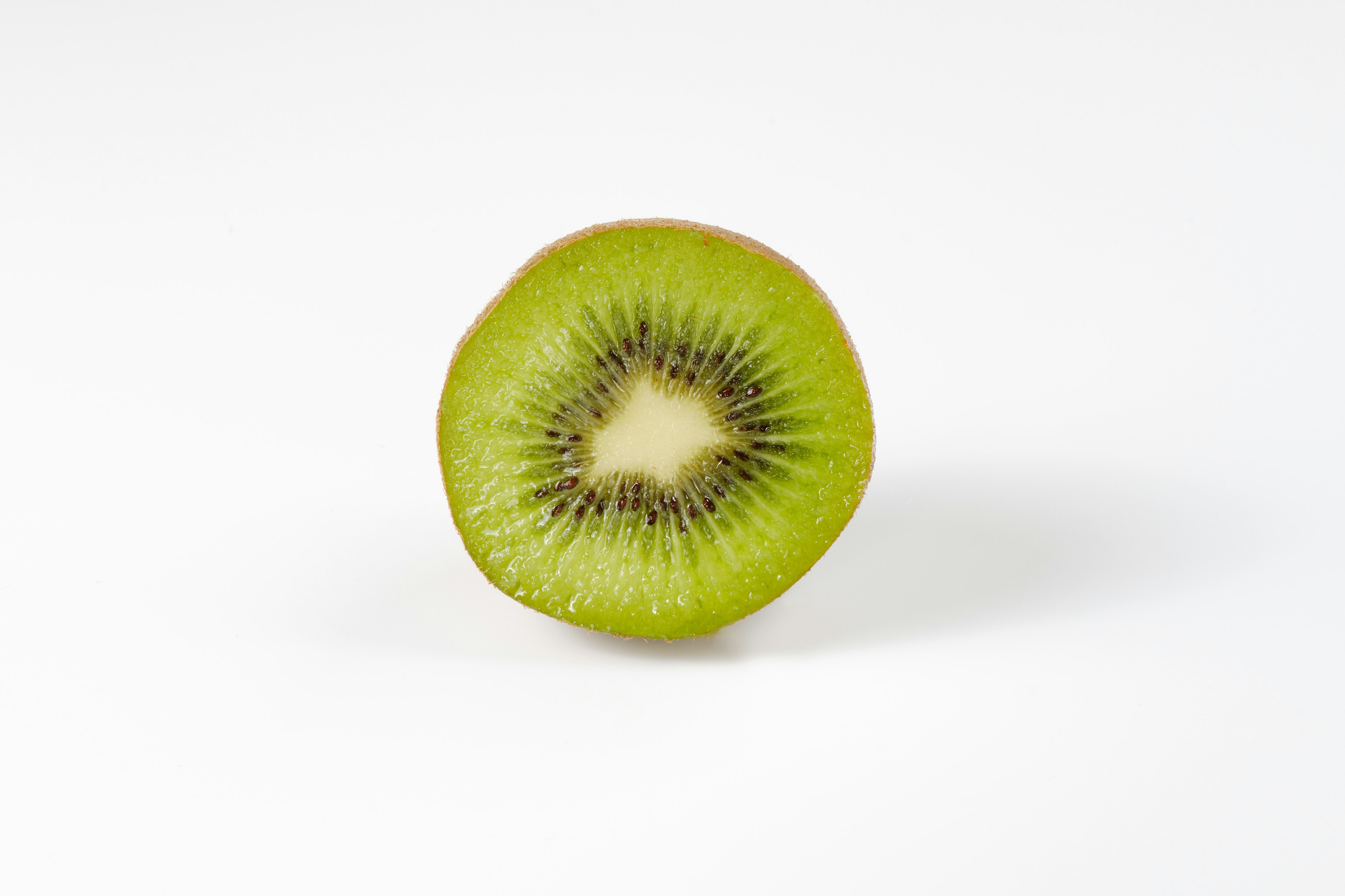 Querschnitt eines Kiwis vor einem weißen Hintergrund