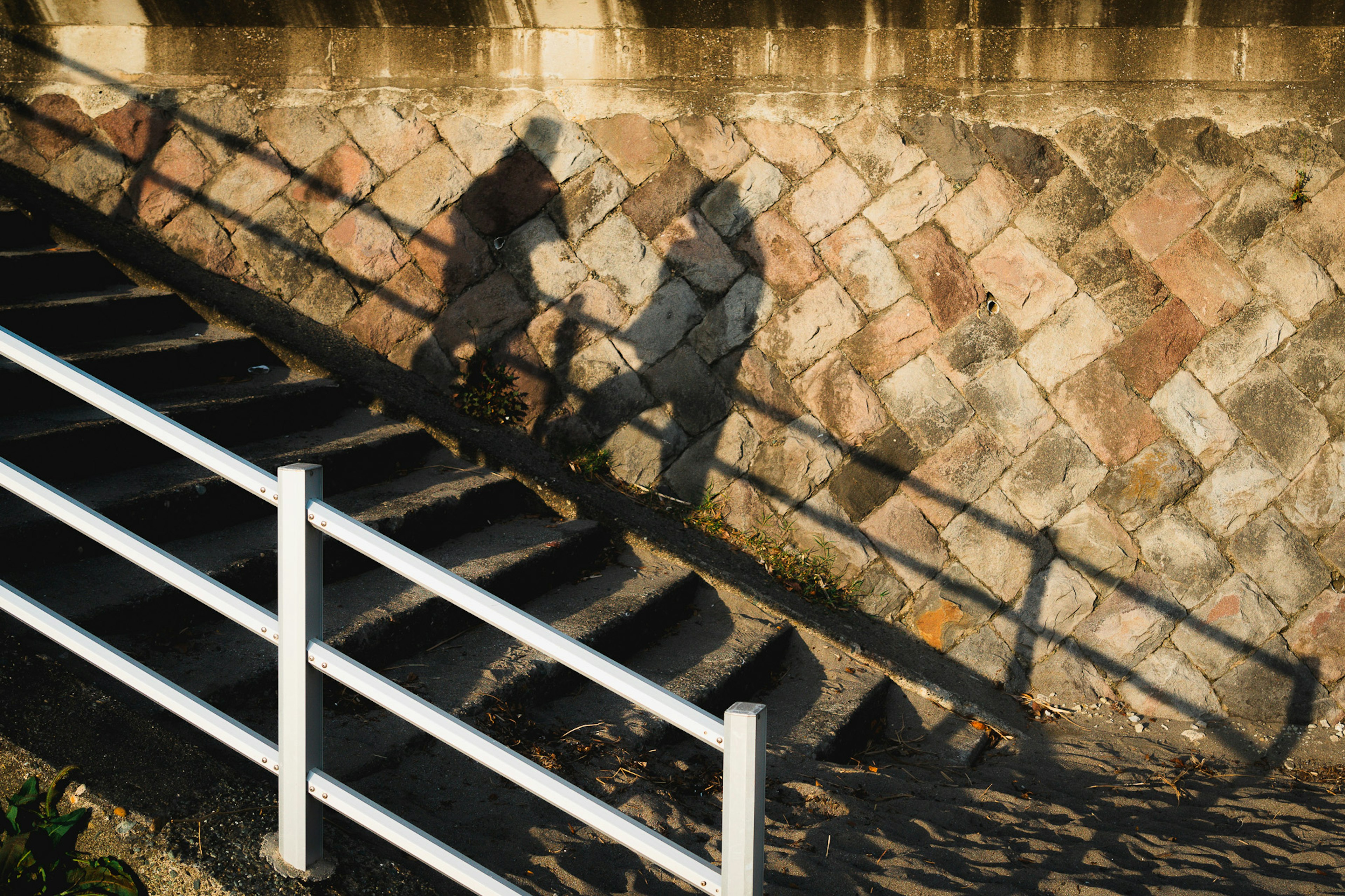 Ombre di due persone che salgono le scale contro un muro di pietra