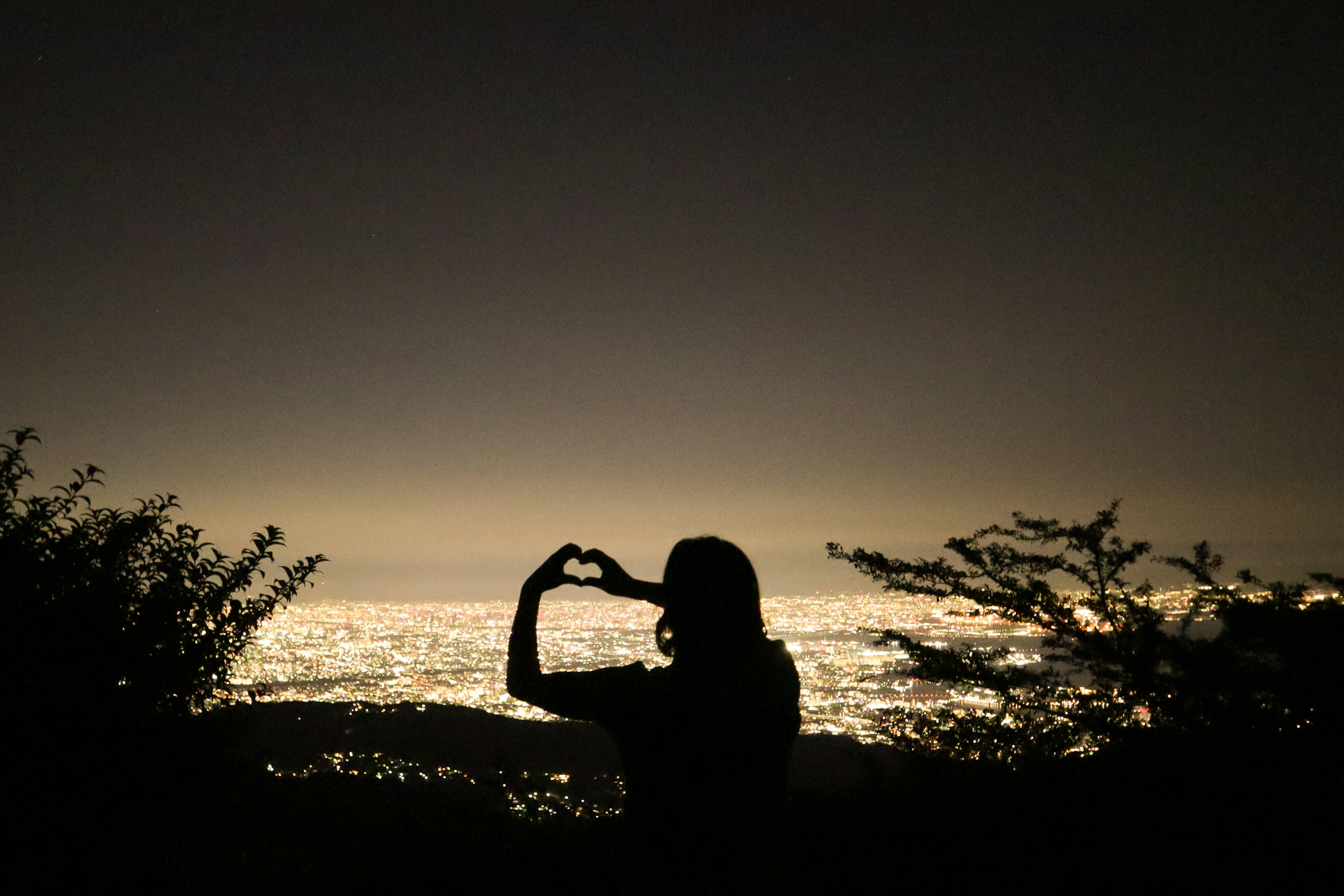 夜景をバックにハート形を作るシルエット