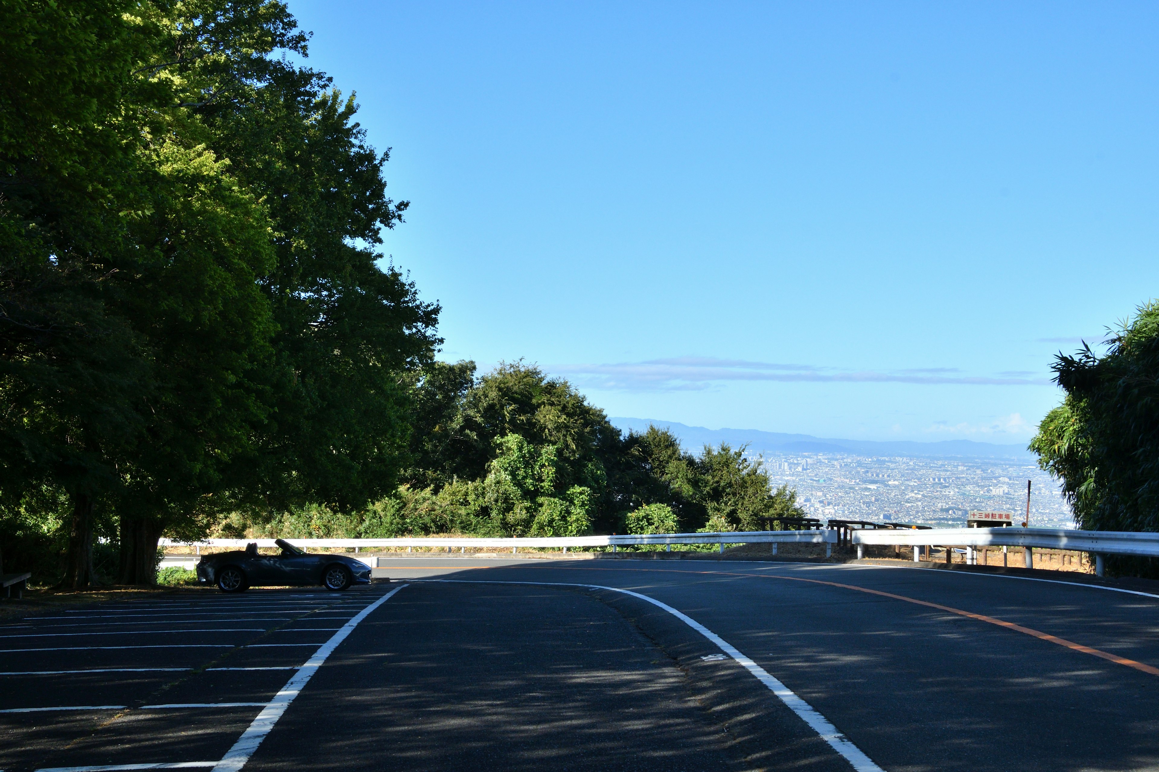 青空の下の道路と周囲の木々の風景