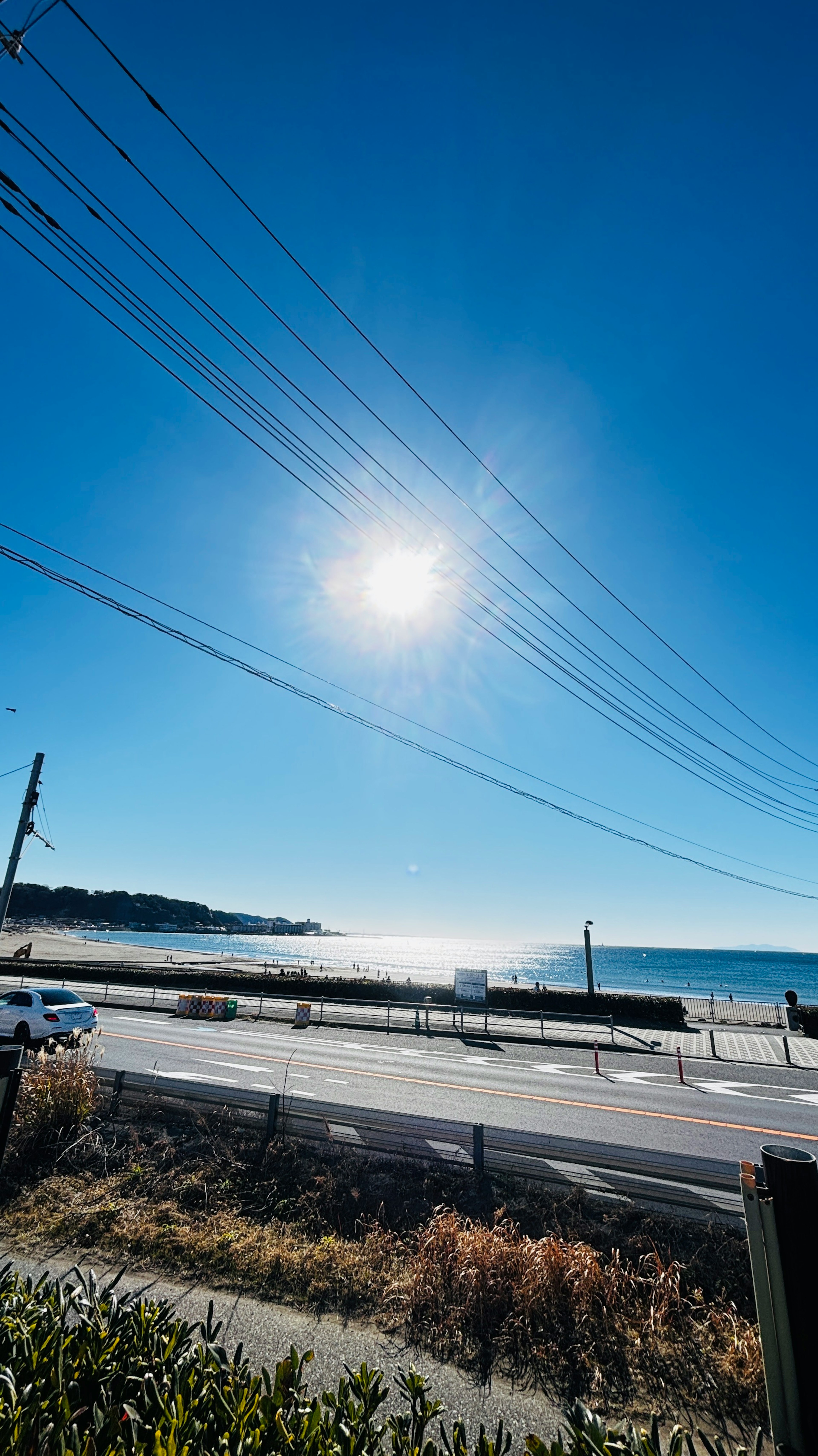 青空の下に広がる海と道路の風景太陽が輝いている