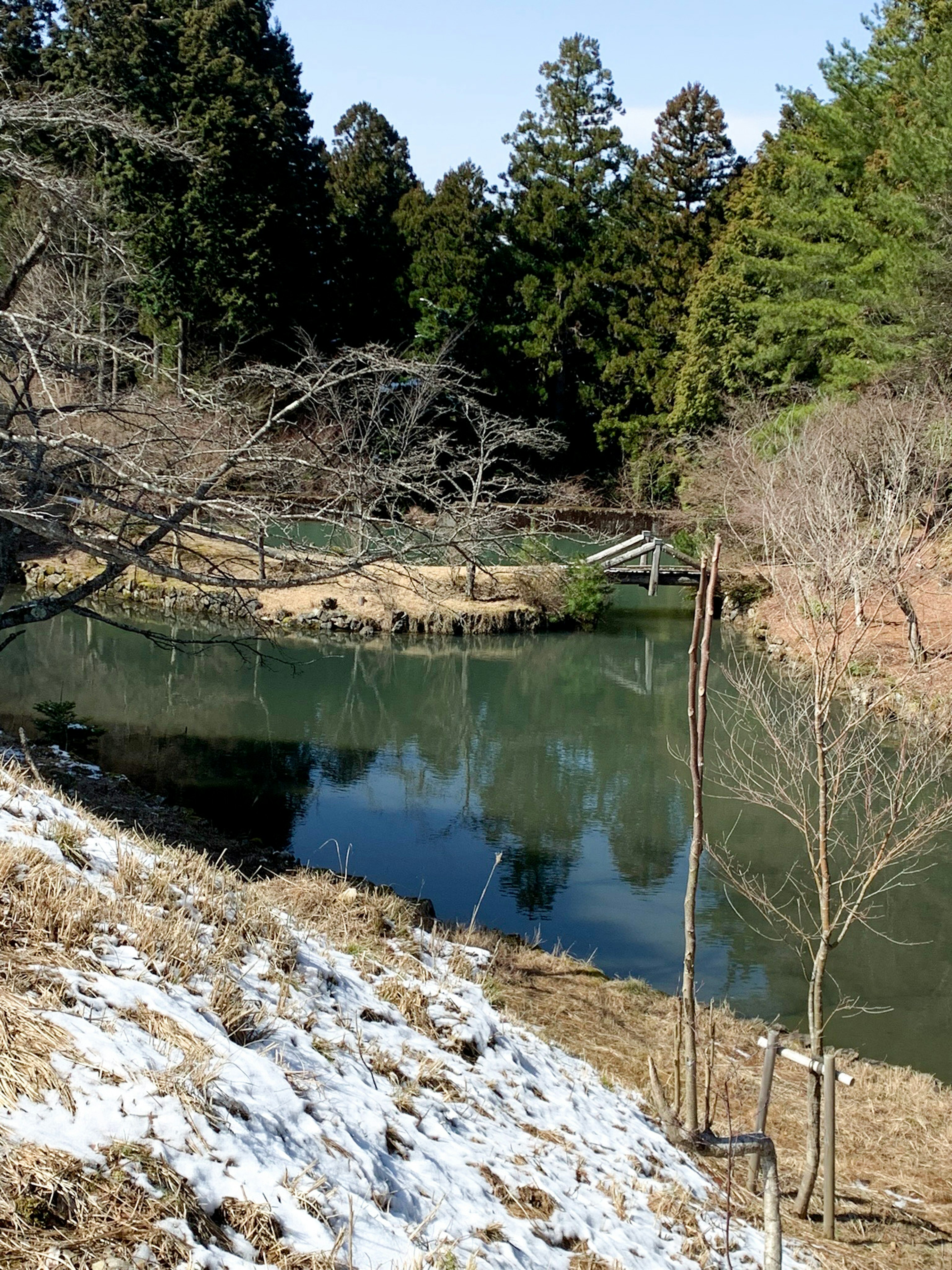 Paysage de rivière serein avec pente enneigée