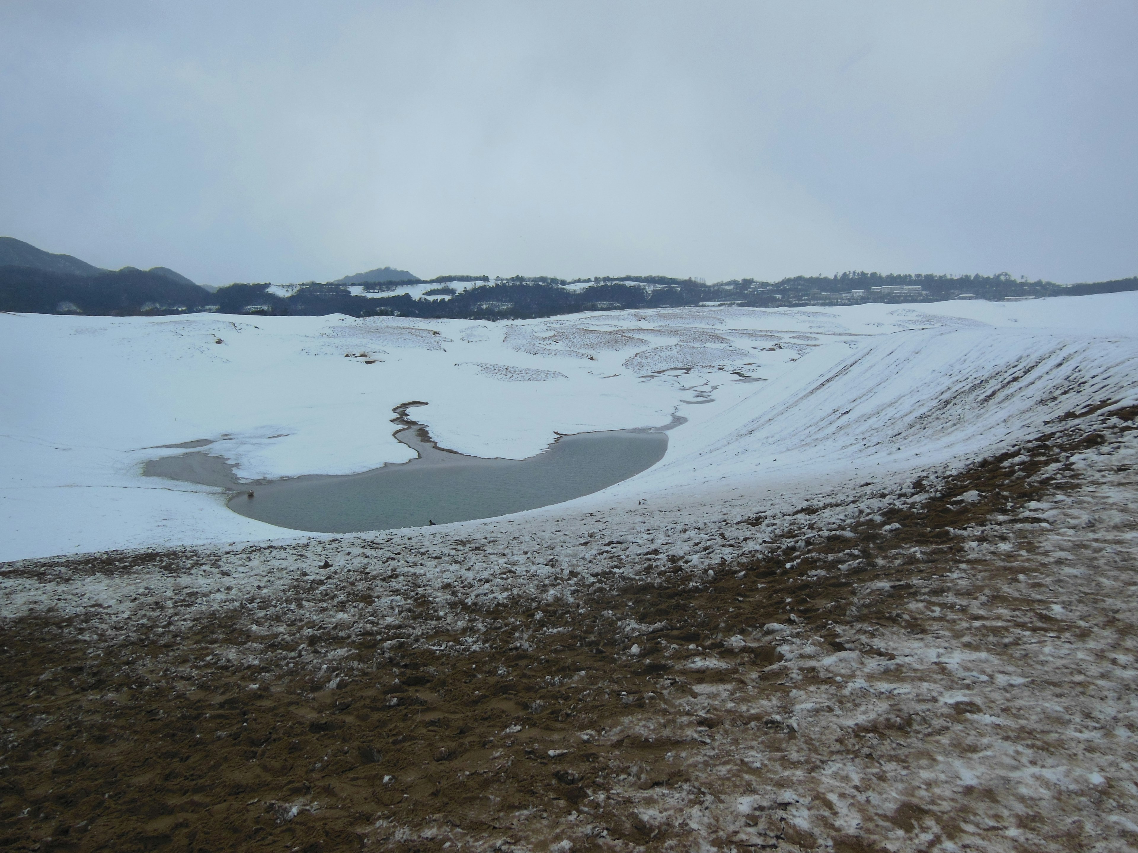 Snow-covered landscape featuring a tranquil lake