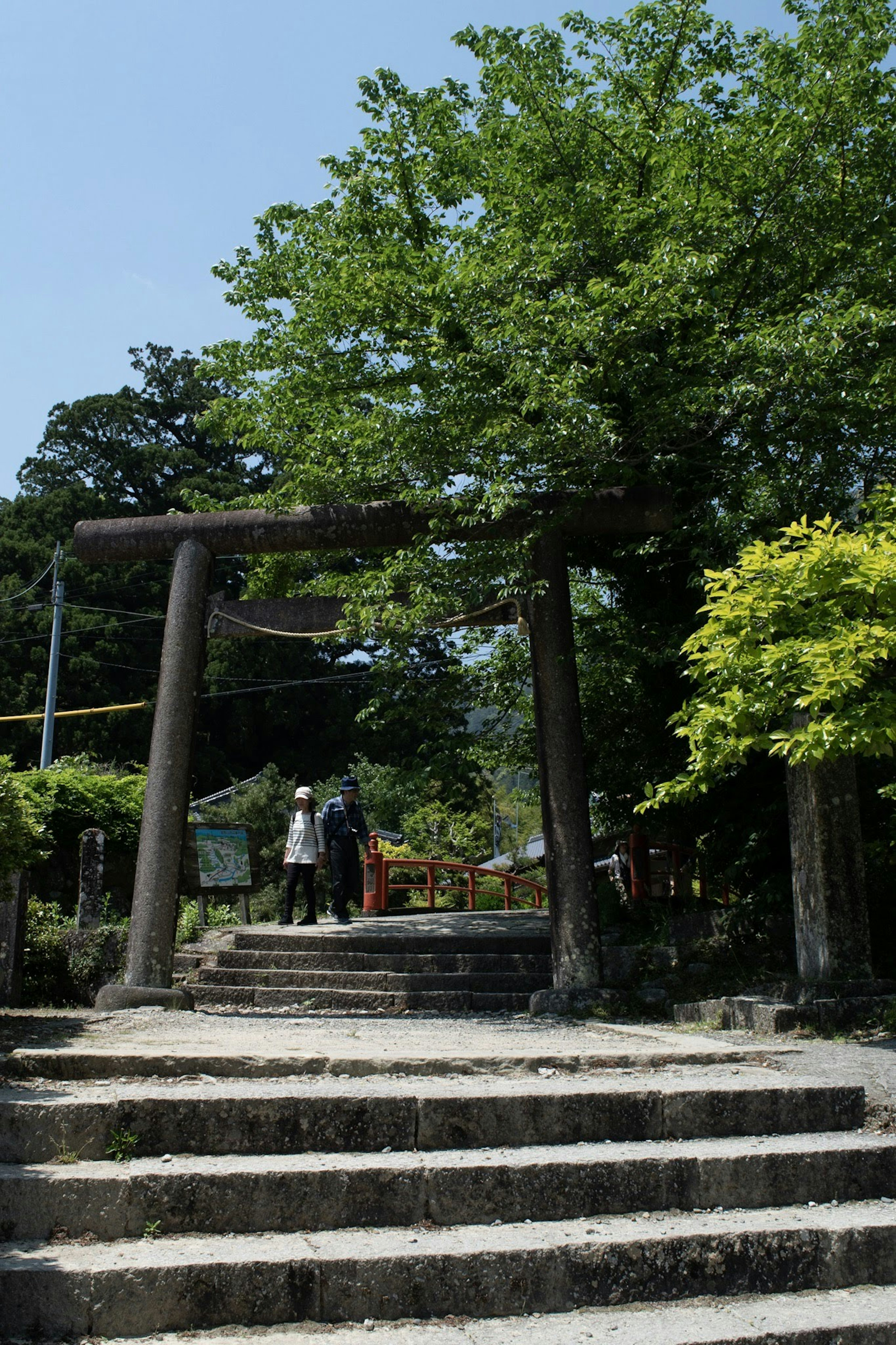 Pemandangan tenang kuil dengan gerbang torii dan tangga batu