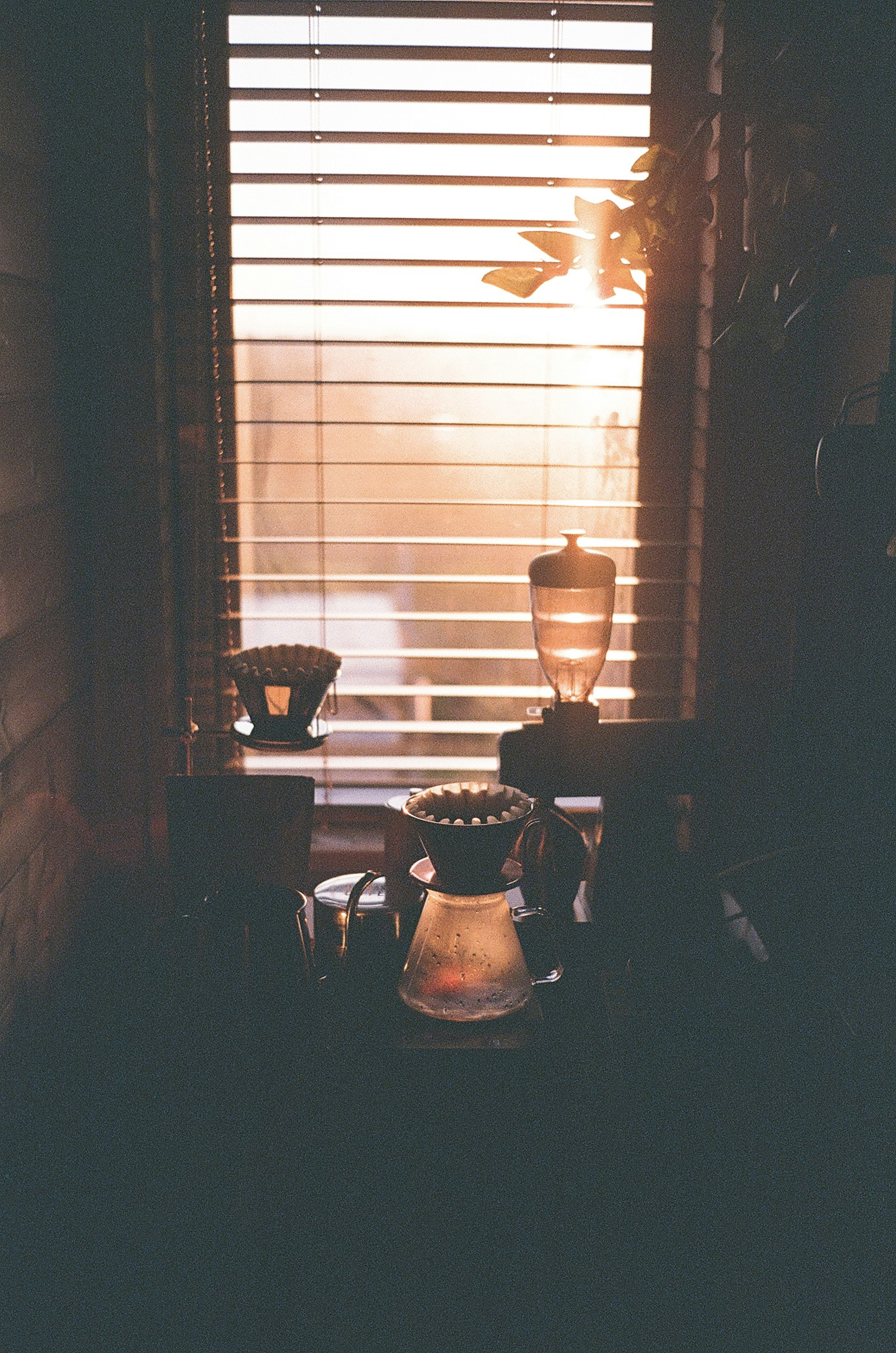 Interior scene with sunlight filtering through blinds illuminating a cozy setting