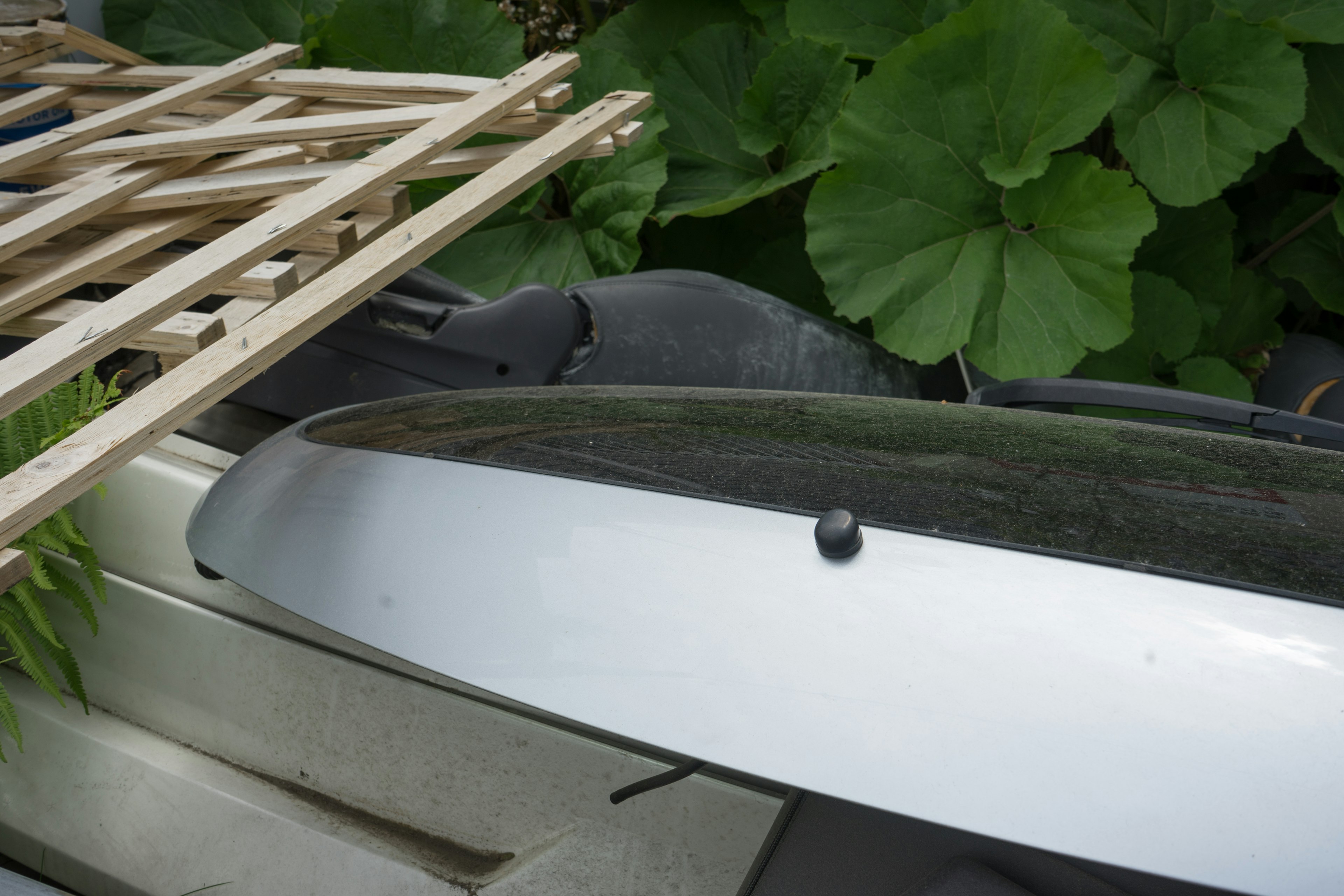 Objeto plateado parcialmente cubierto por listones de madera contra un fondo de hojas verdes