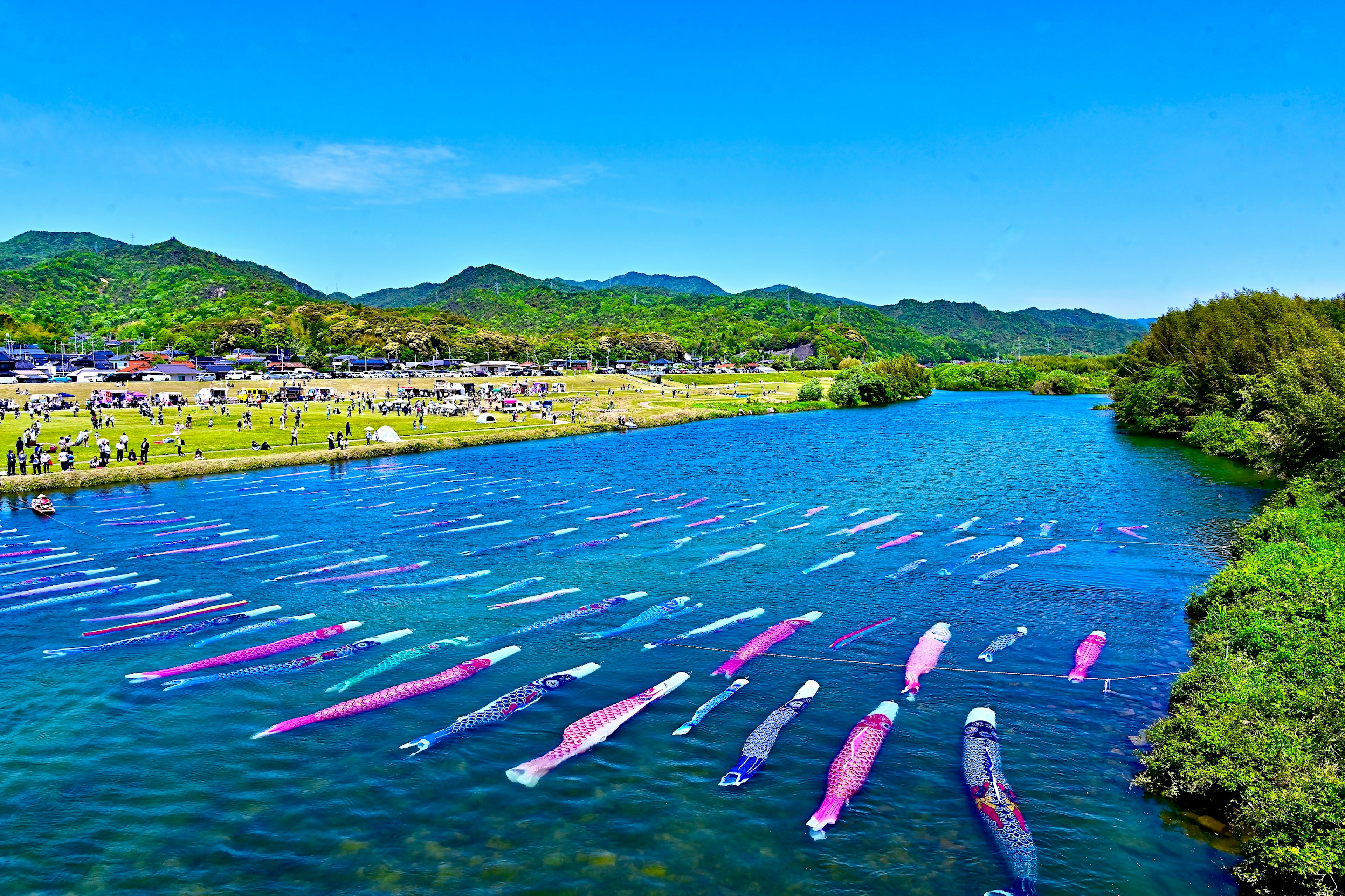 青空の下で川に浮かぶカラフルなボート群と周囲の緑豊かな風景