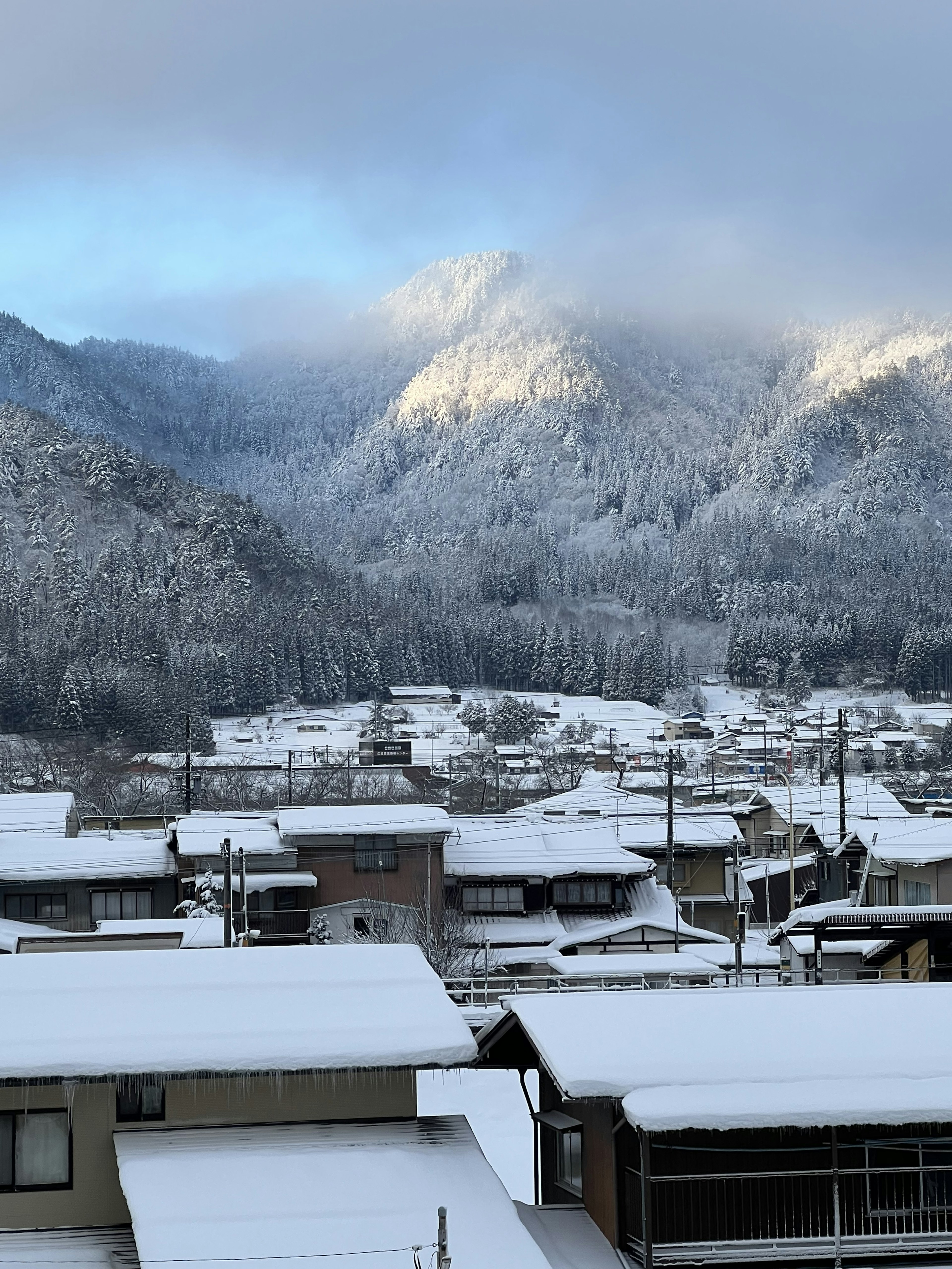 Vista escénica de montañas cubiertas de nieve y techos