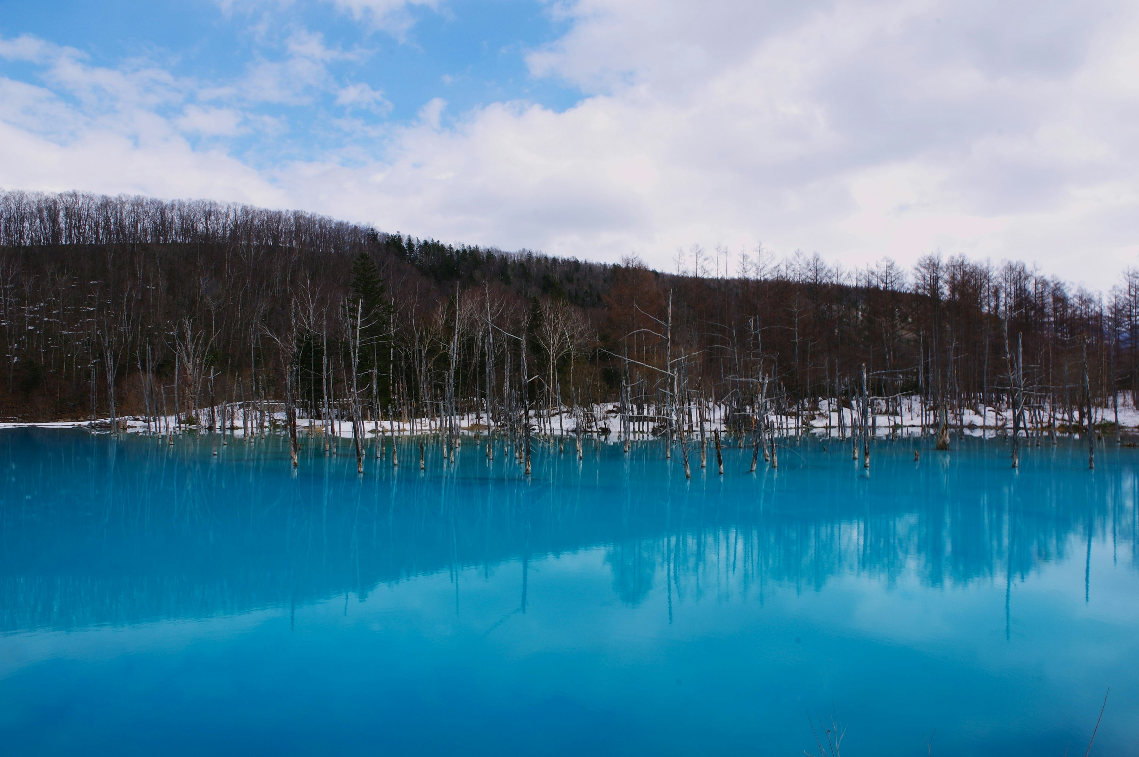 Vue panoramique d'un lac turquoise reflétant des arbres et des nuages