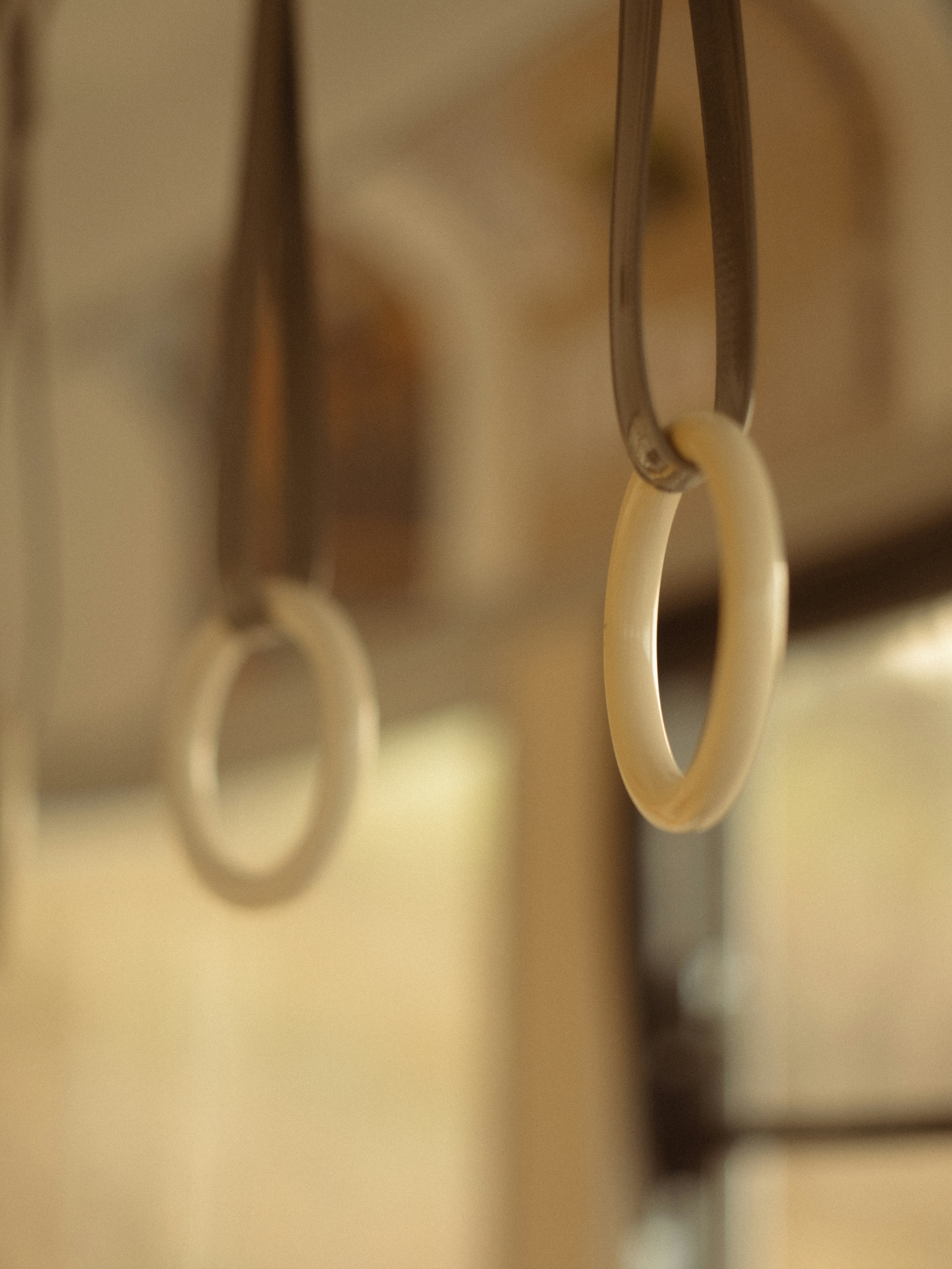 Interior of a bus featuring hanging white rings and brown straps