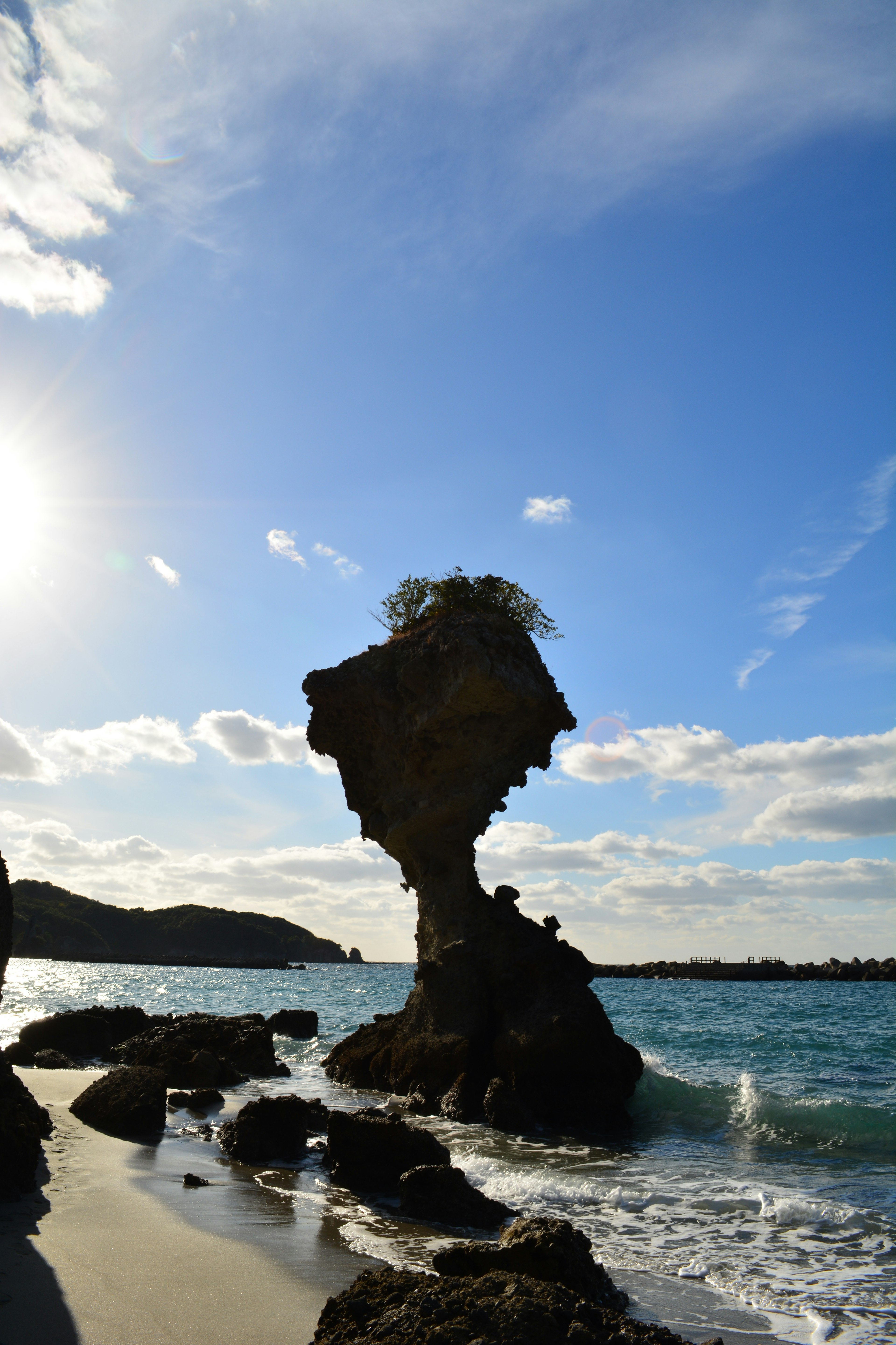 Roccia dalla forma strana che si erge sulla riva con cielo blu