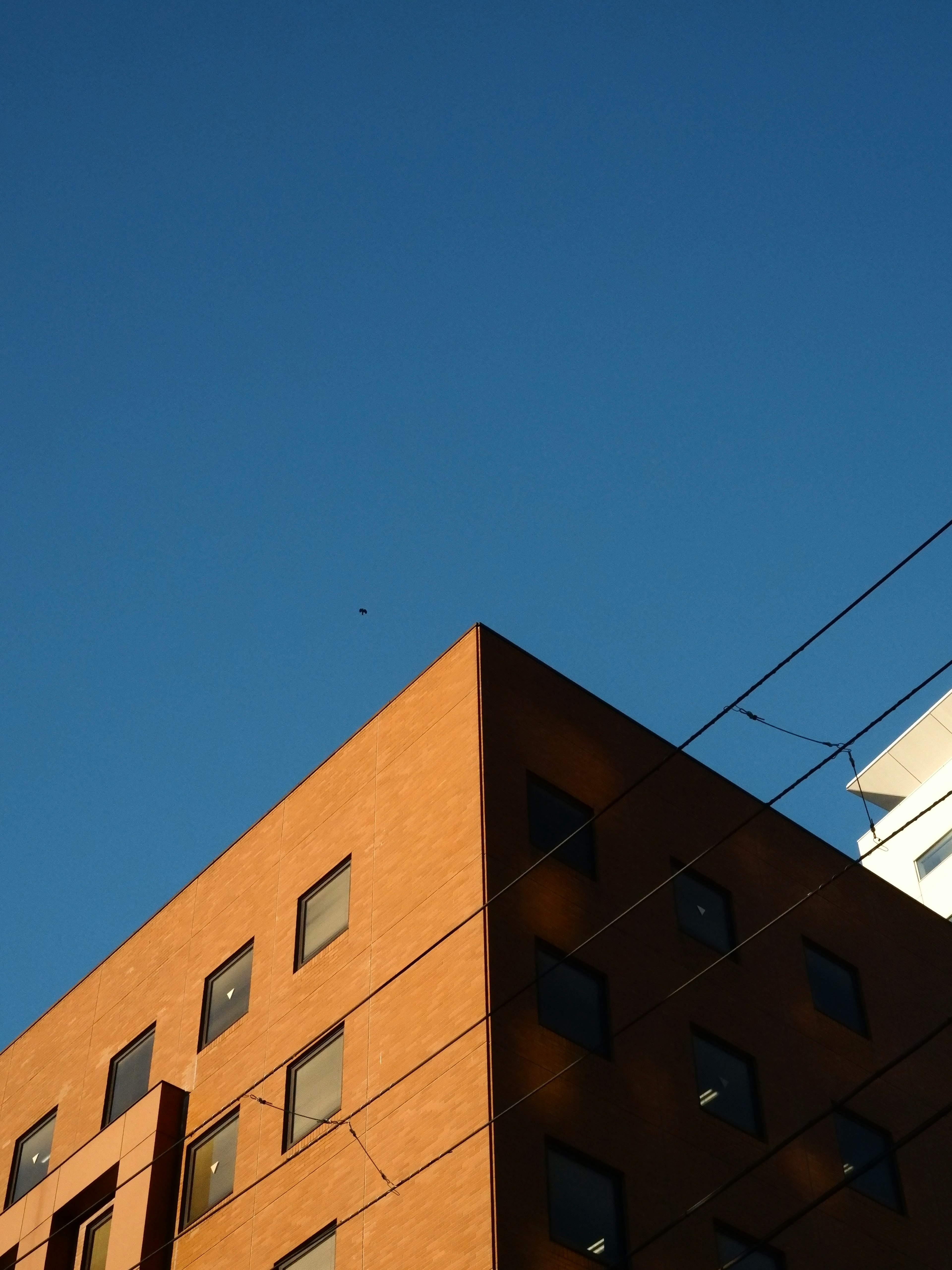 Corner of an orange building against a blue sky