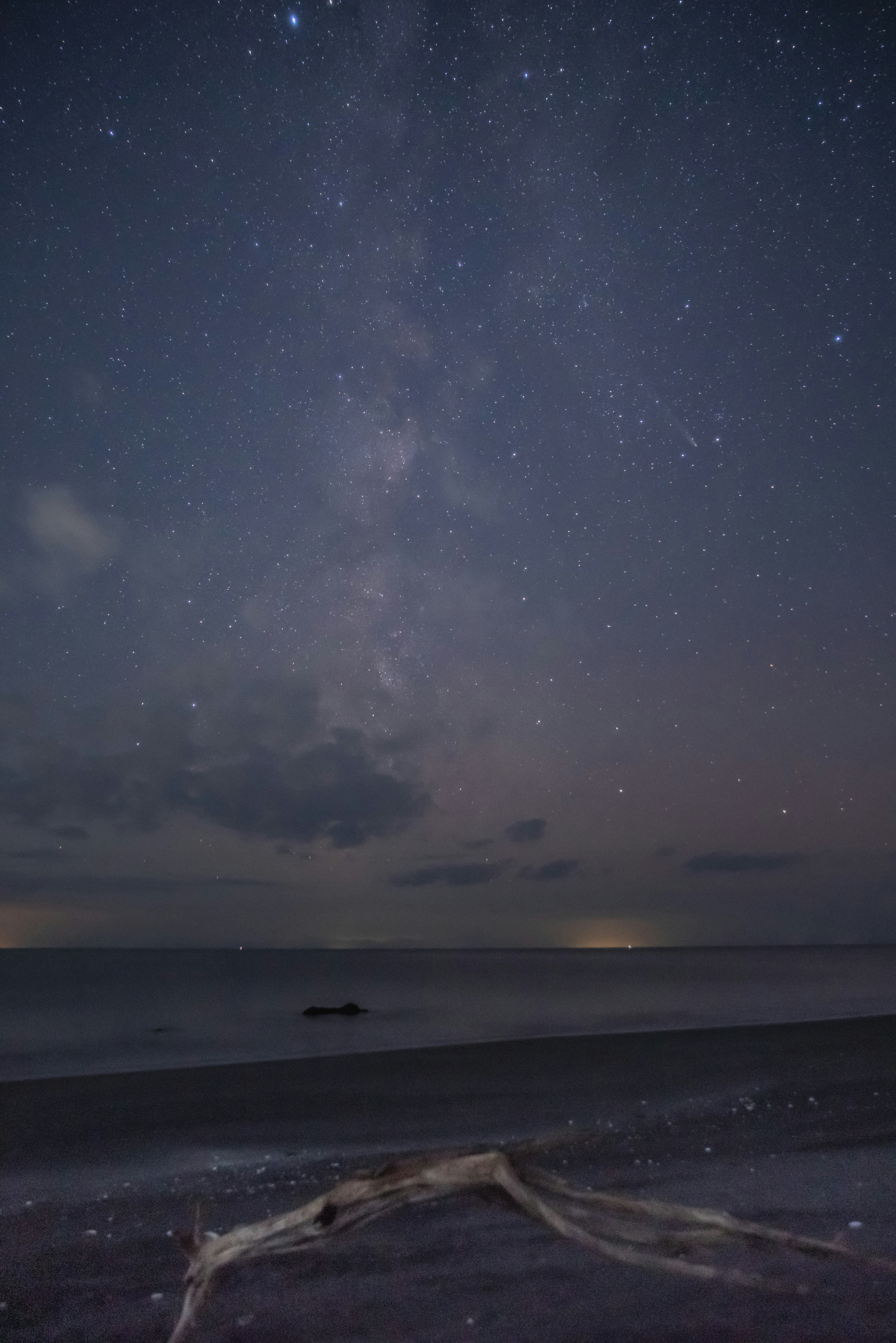 平静海滩上方的银河和漂流木