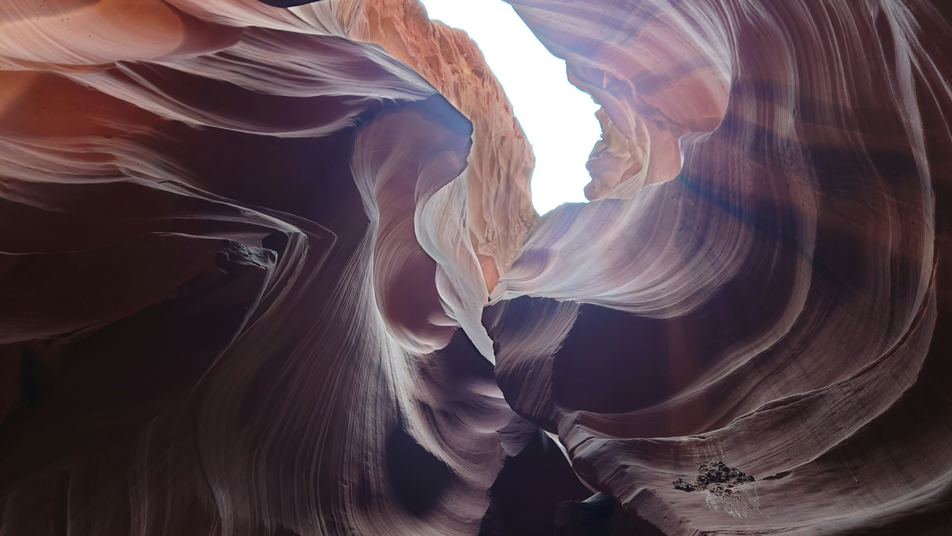 Vista desde el interior del Cañón Antílope mirando hacia arriba con capas de roca suaves y contraste de luz natural