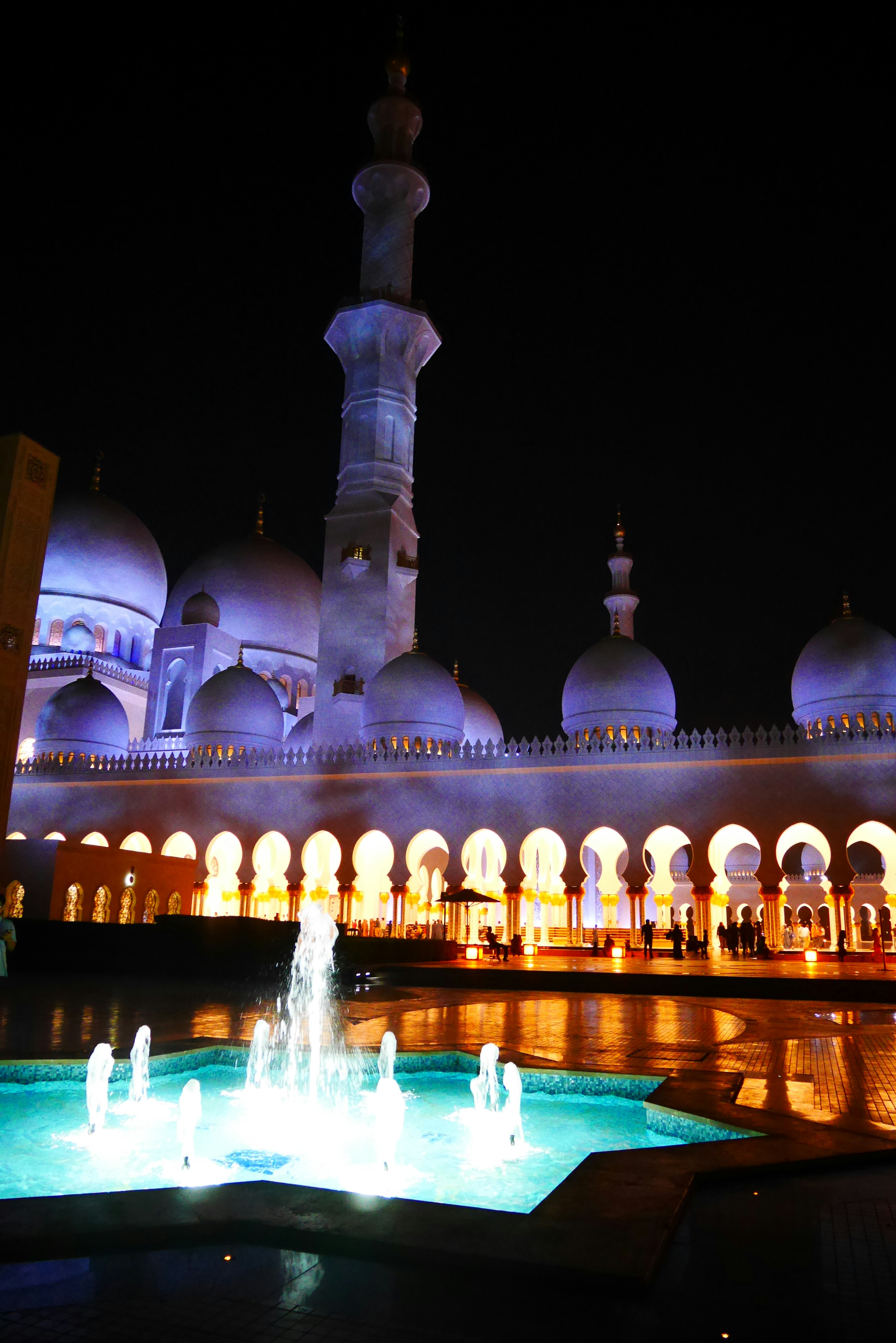 Impresionante vista de la mezquita Sheikh Zayed de noche con fuentes iluminadas