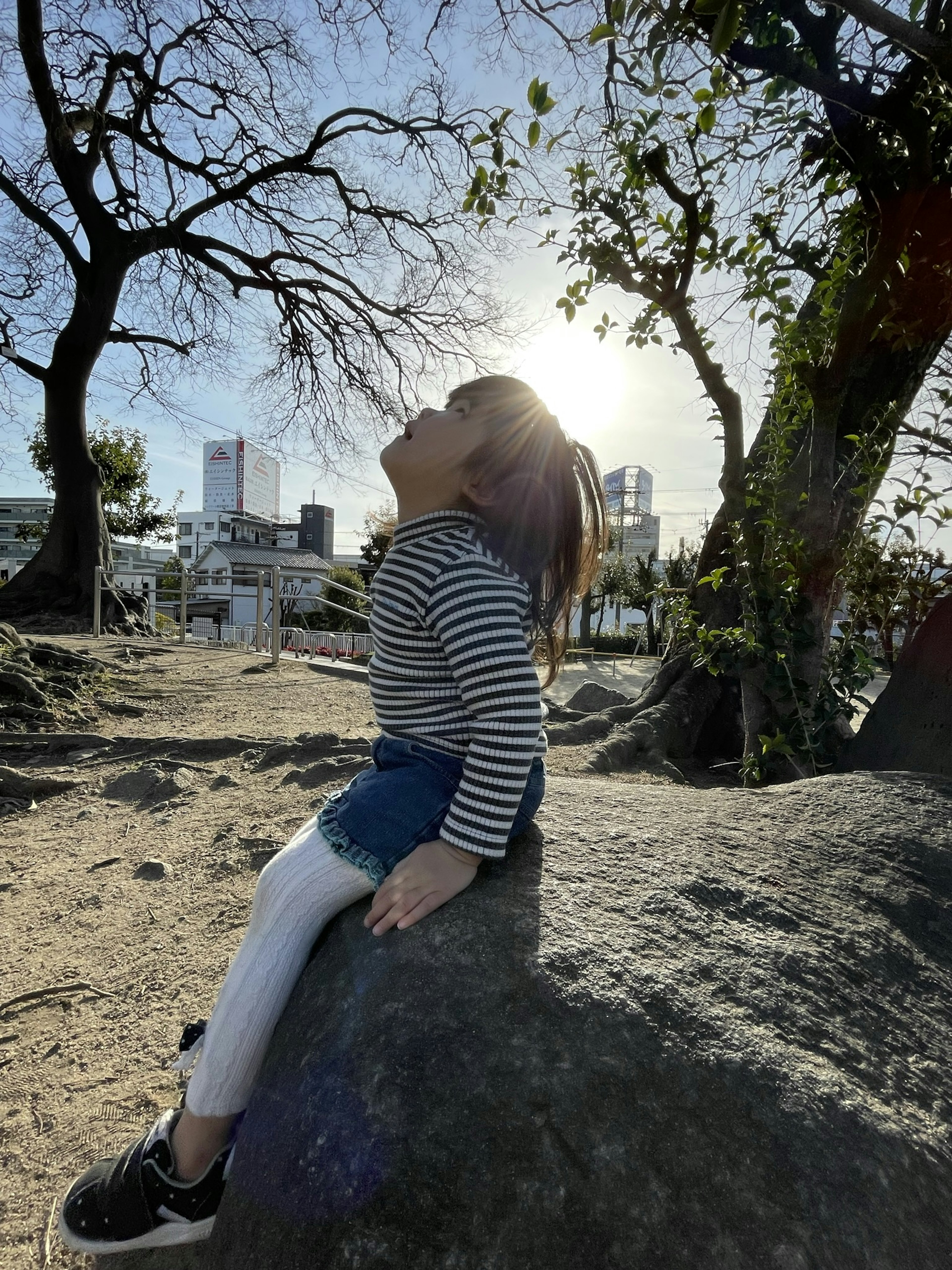 Ein Kind sitzt auf einem großen Stein und schaut zum Himmel mit Sonne und Bäumen im Hintergrund