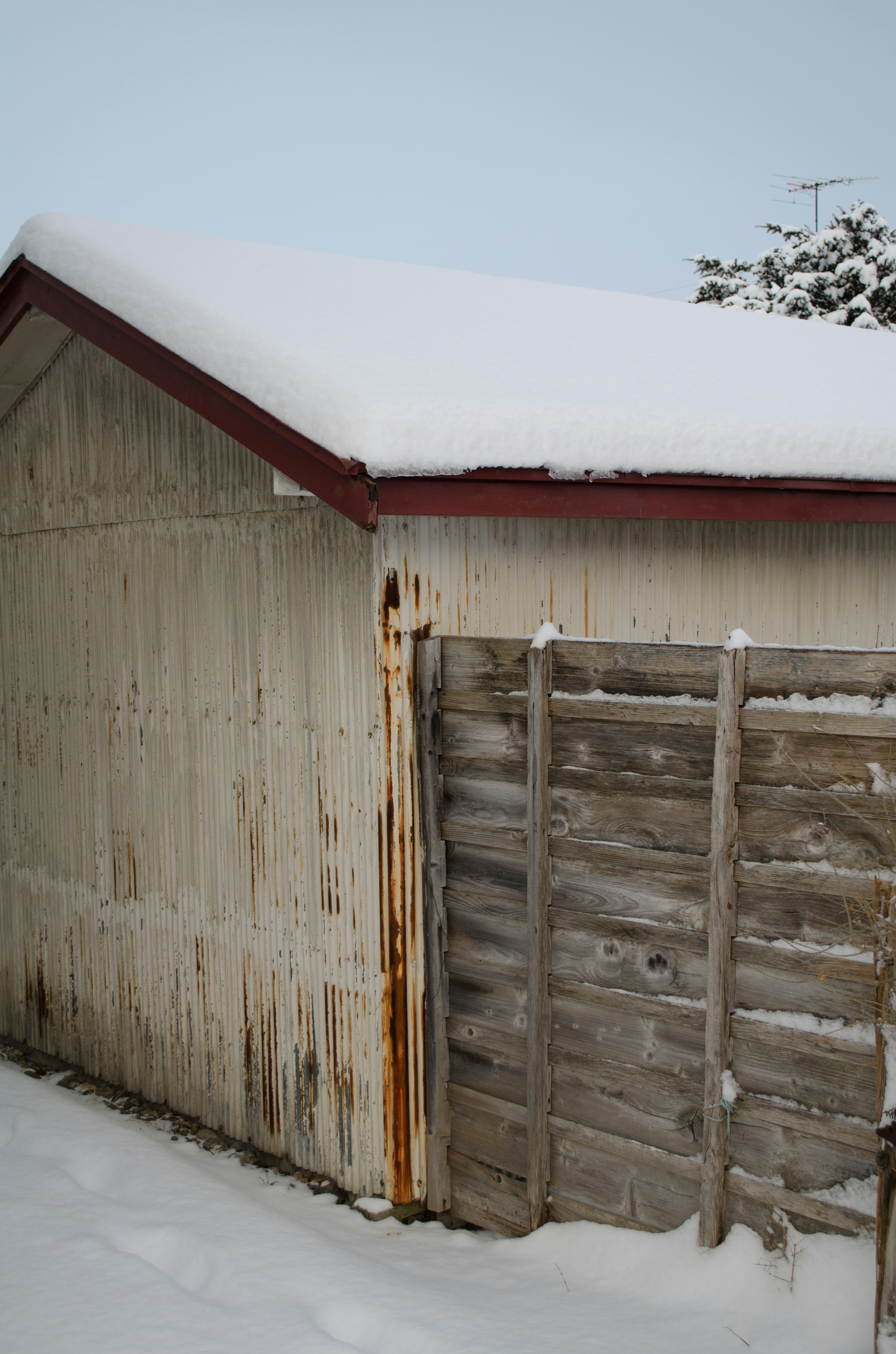 Snow-covered shed with wooden walls and a red roof