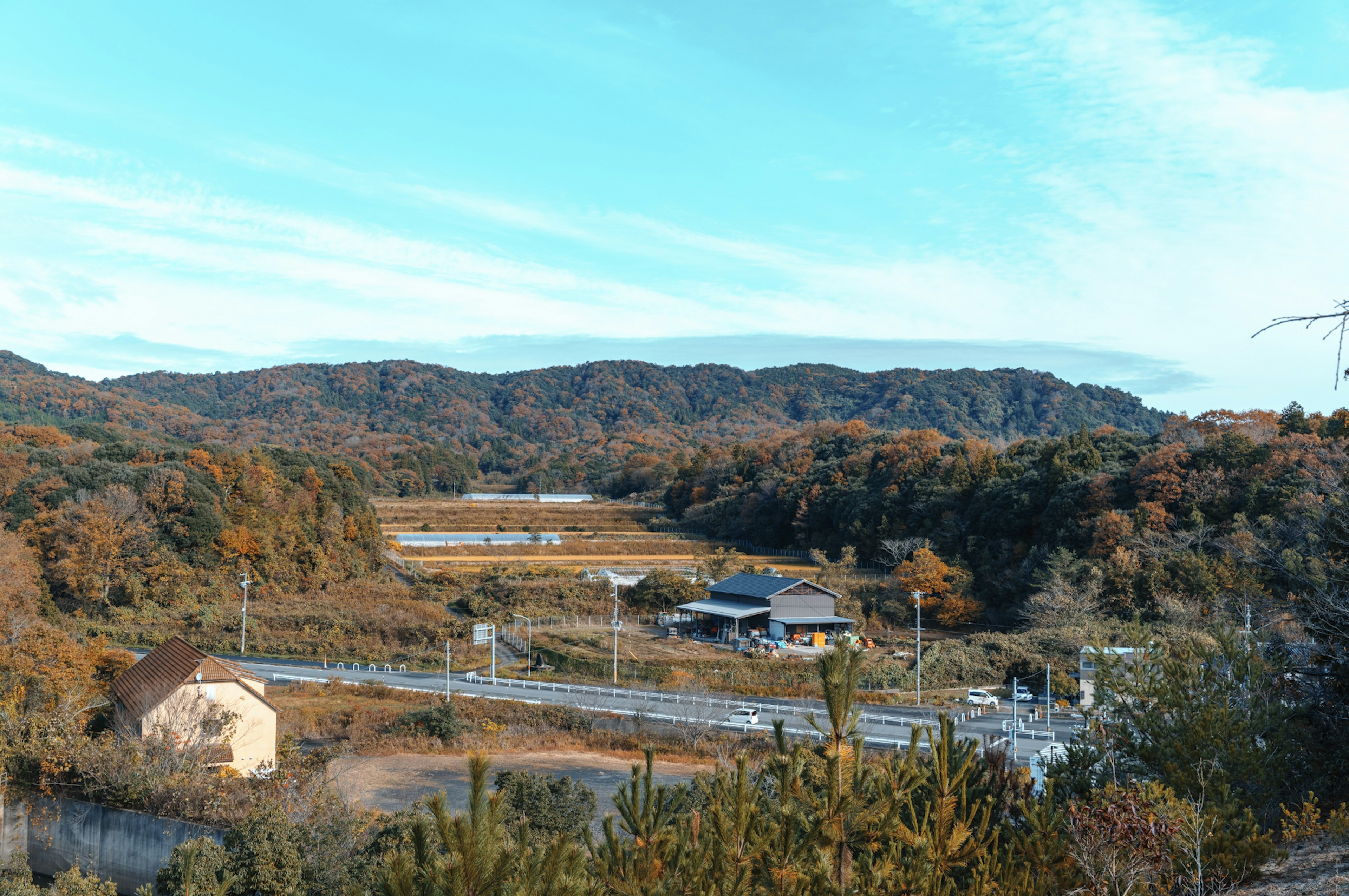 전원 풍경과 산과 파란 하늘