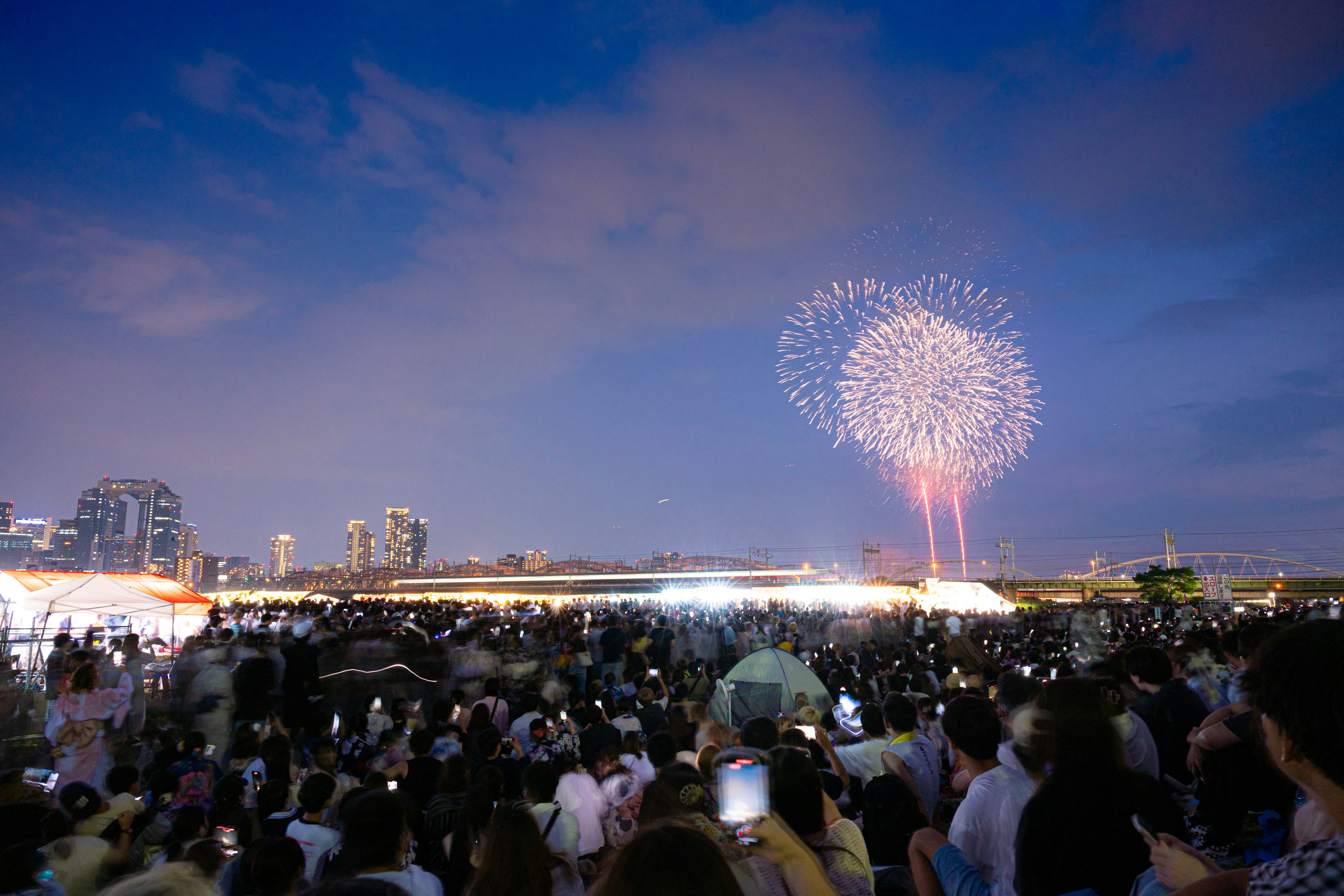 Multitud observando un espectáculo de fuegos artificiales de noche con el horizonte de la ciudad de fondo