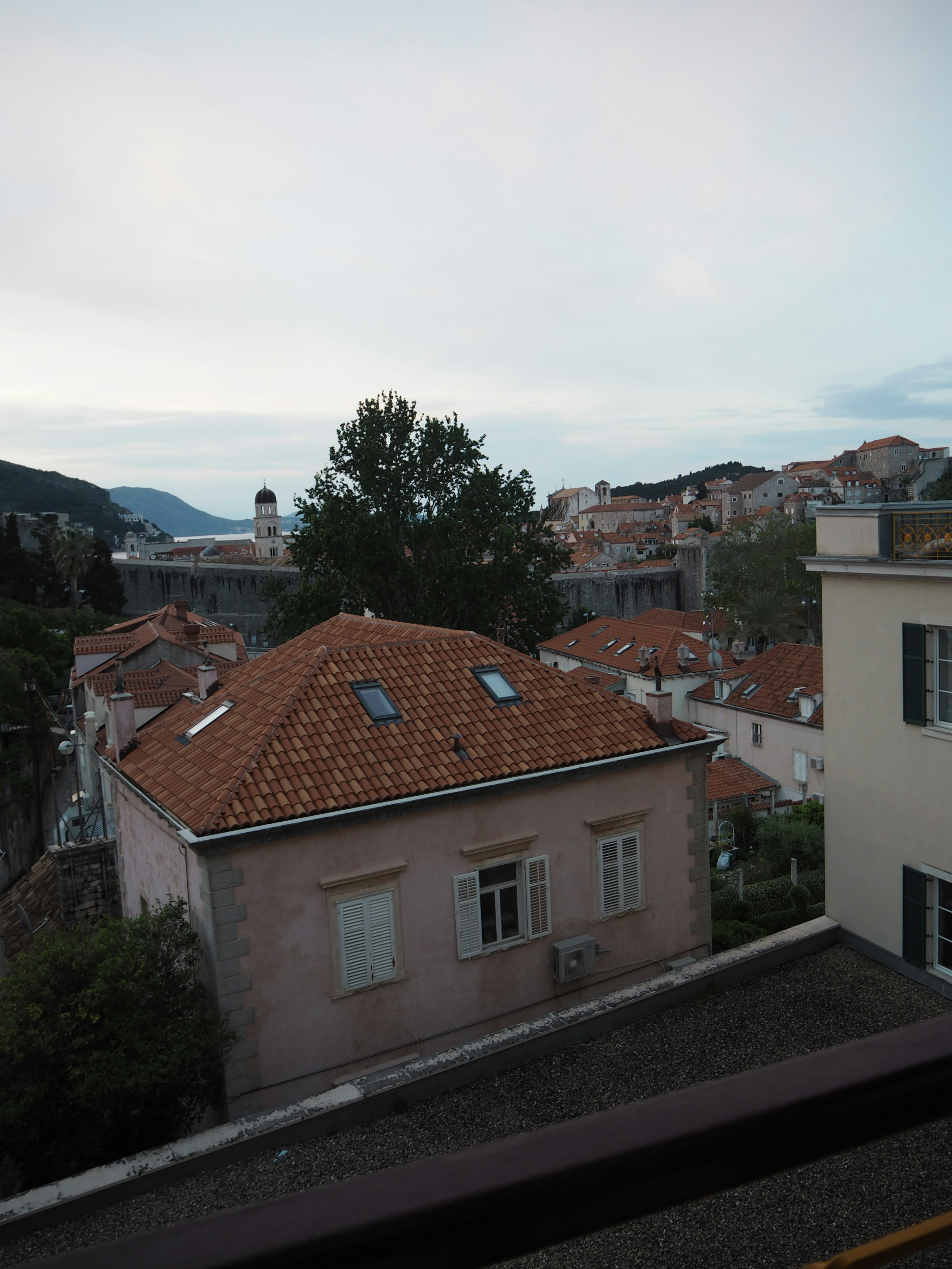 Vue de maisons avec des toits rouges et des arbres en arrière-plan