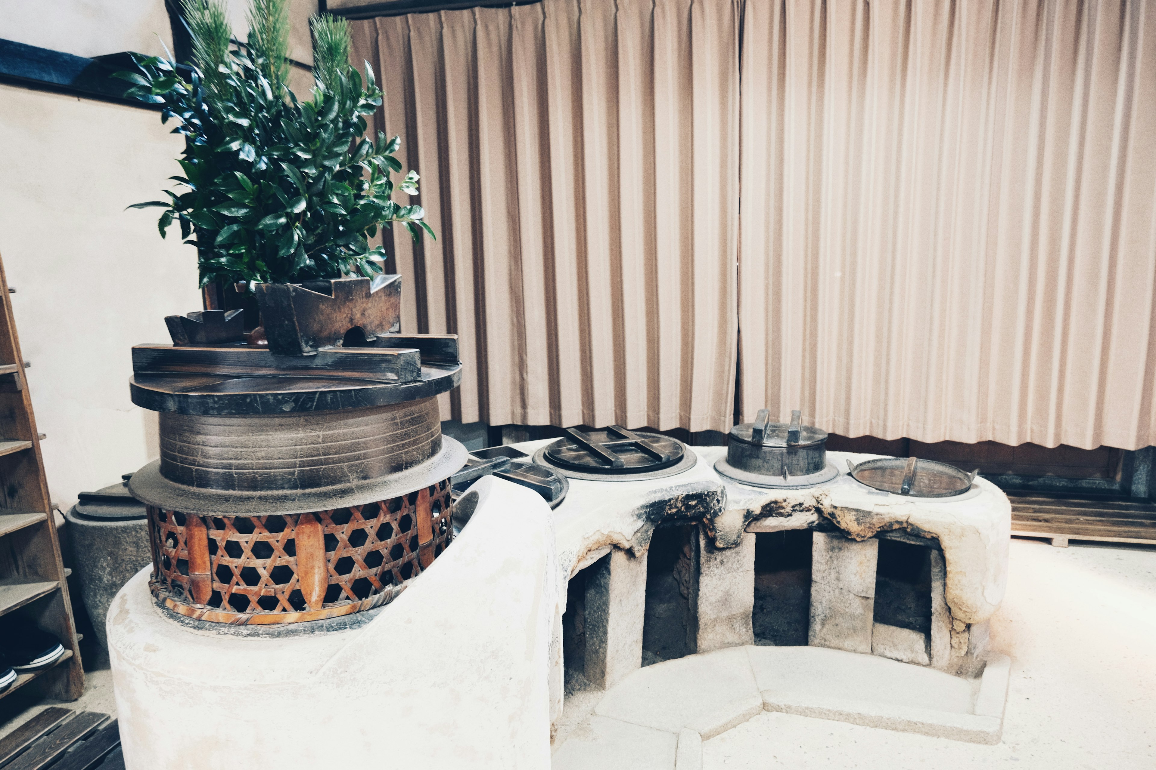 Interior view featuring traditional cooking utensils and a potted plant