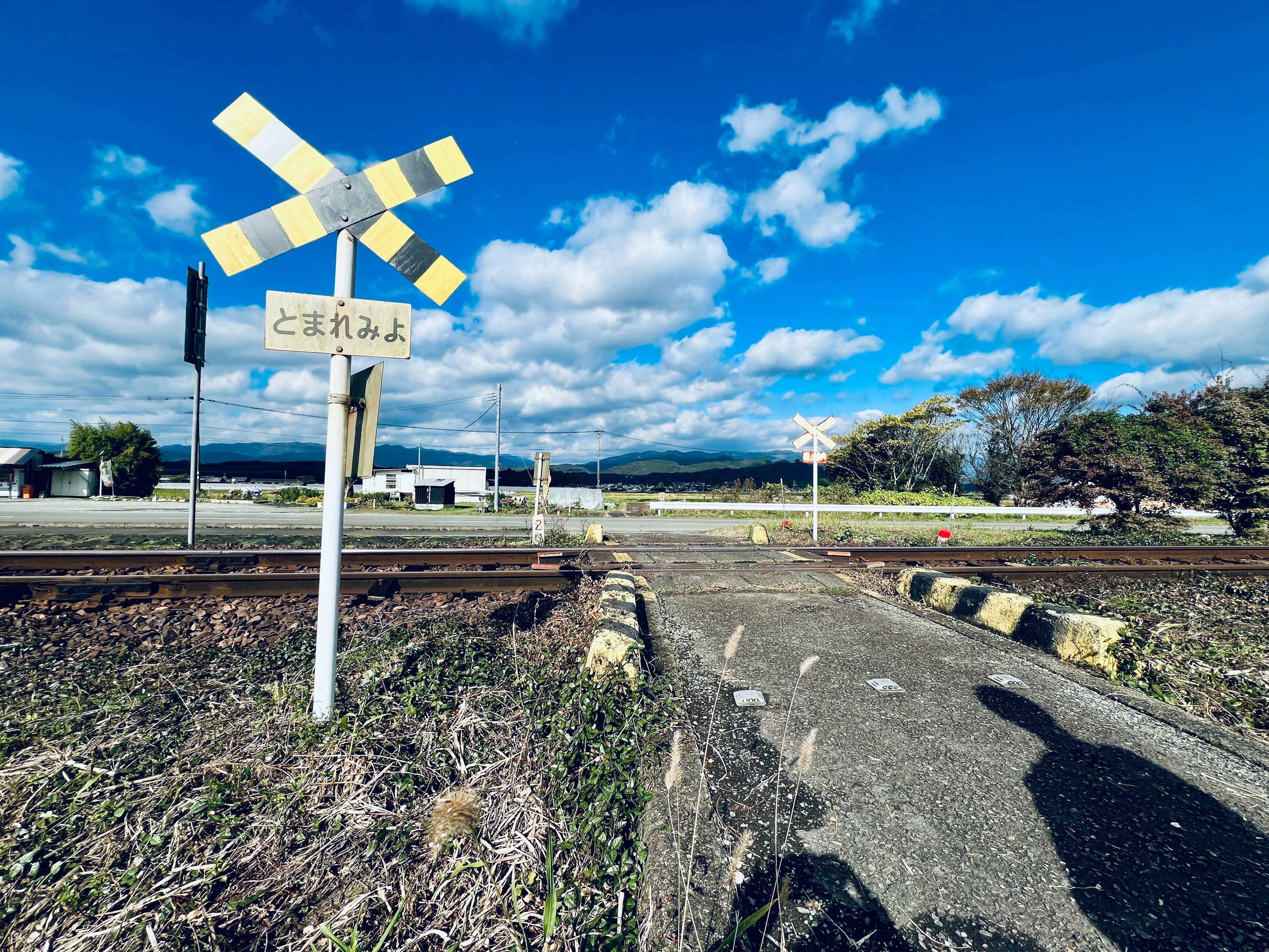 青空の下にある線路と踏切の風景で、農地が広がる