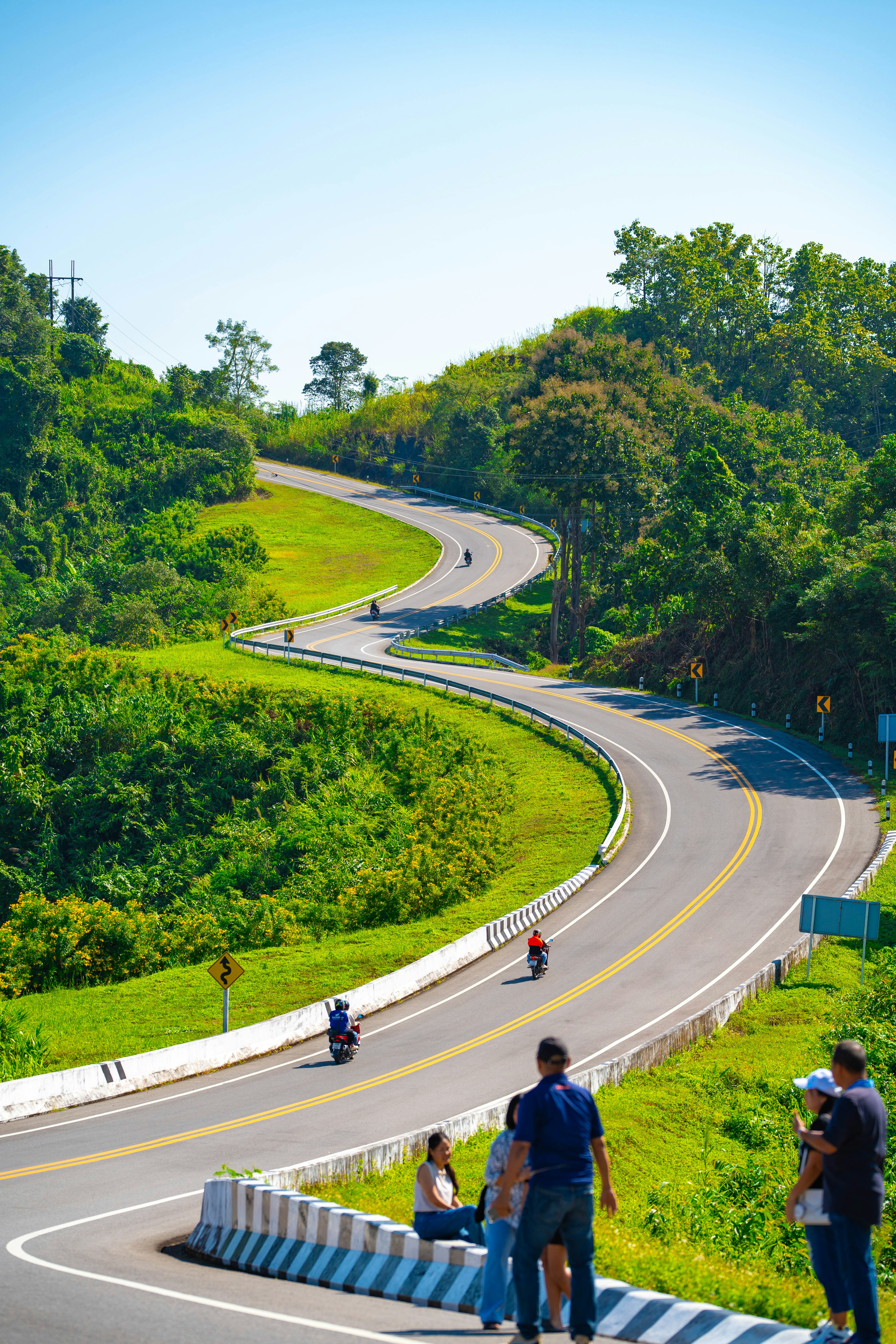 Winding road surrounded by lush greenery and motorcyclists