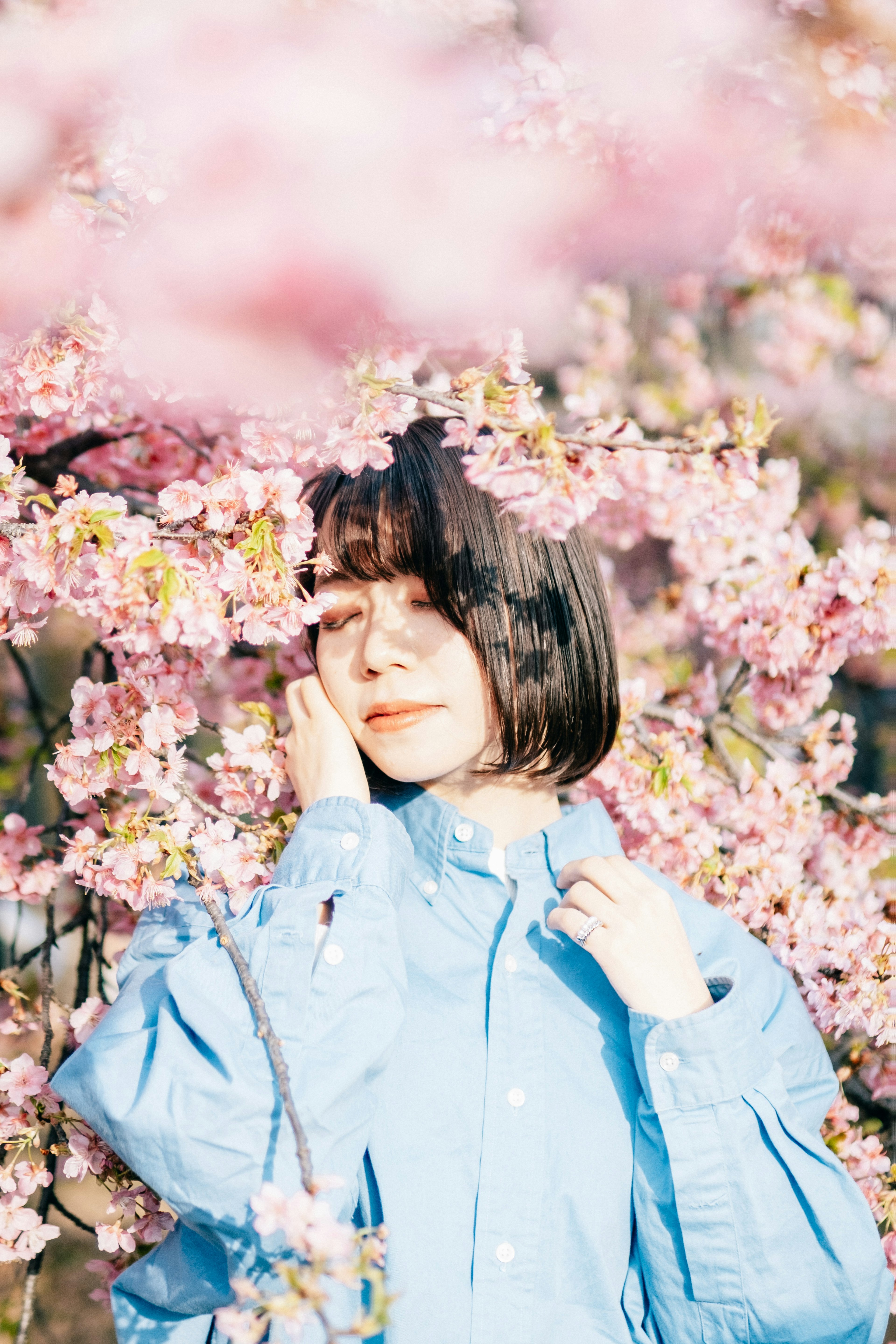 Portrait d'une femme entourée de cerisiers en fleurs portant une chemise bleue