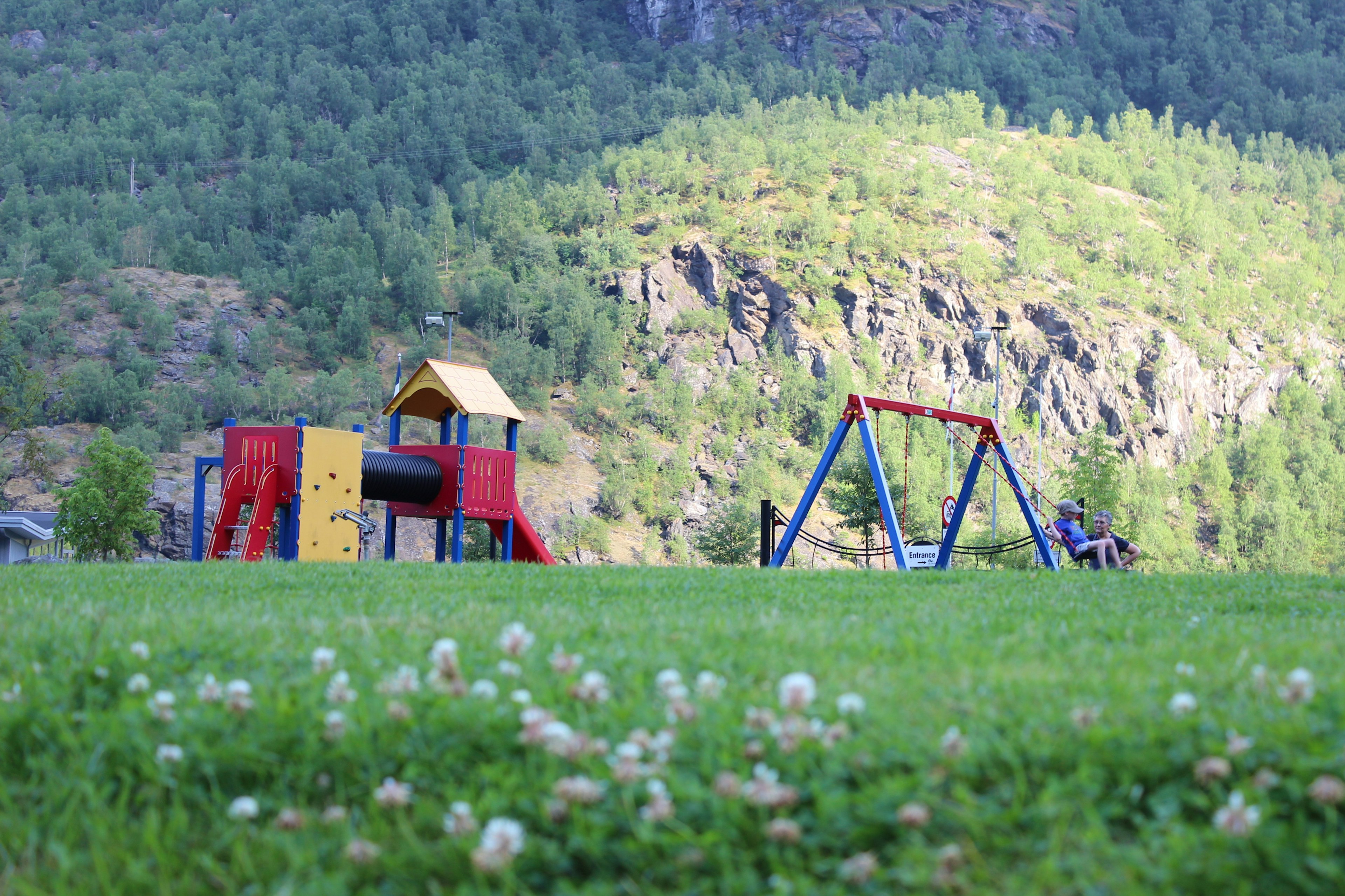 Terrain de jeu avec équipements colorés et balançoires sur herbe verte