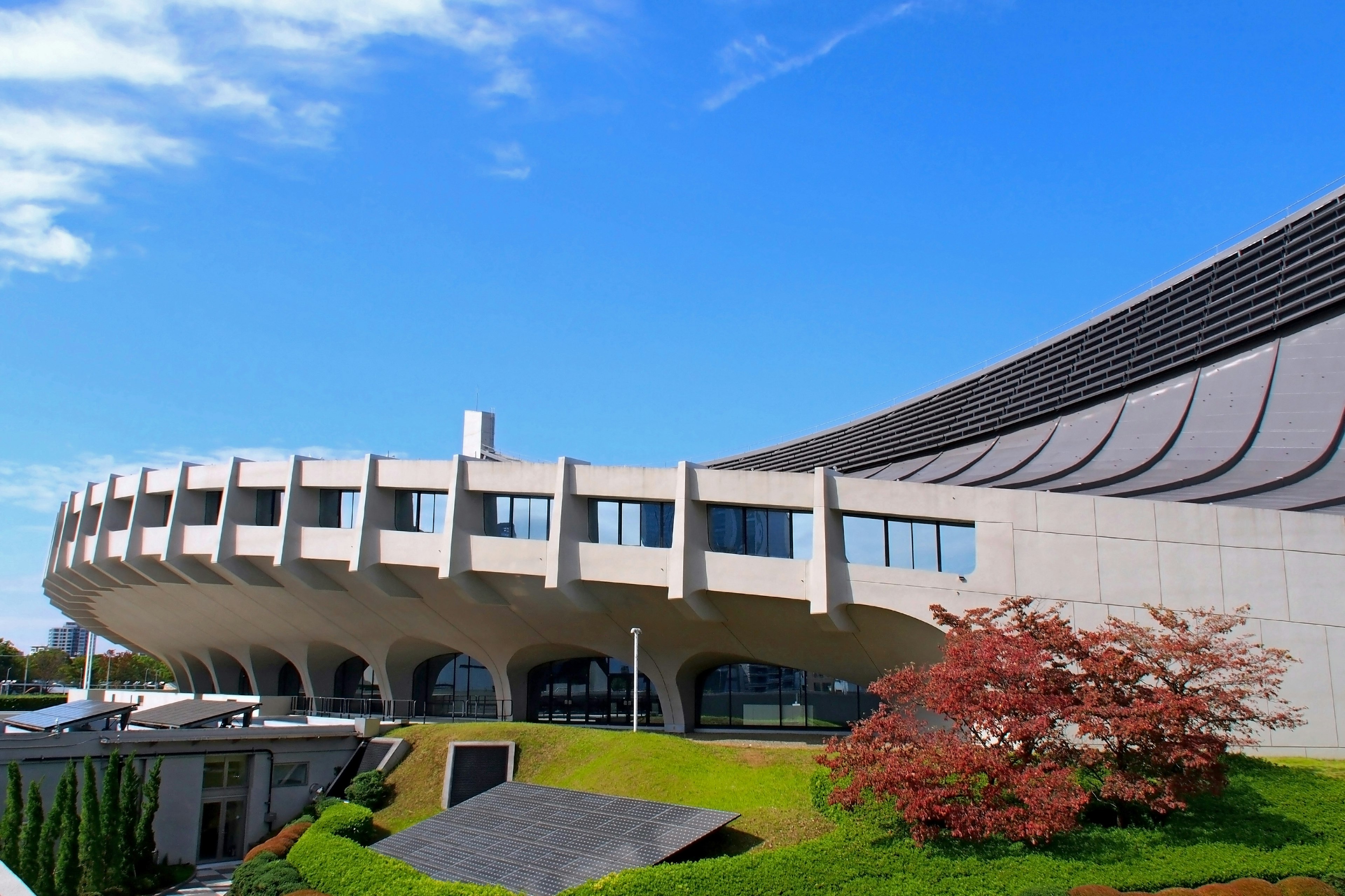 Modern building exterior with green grass and blue sky