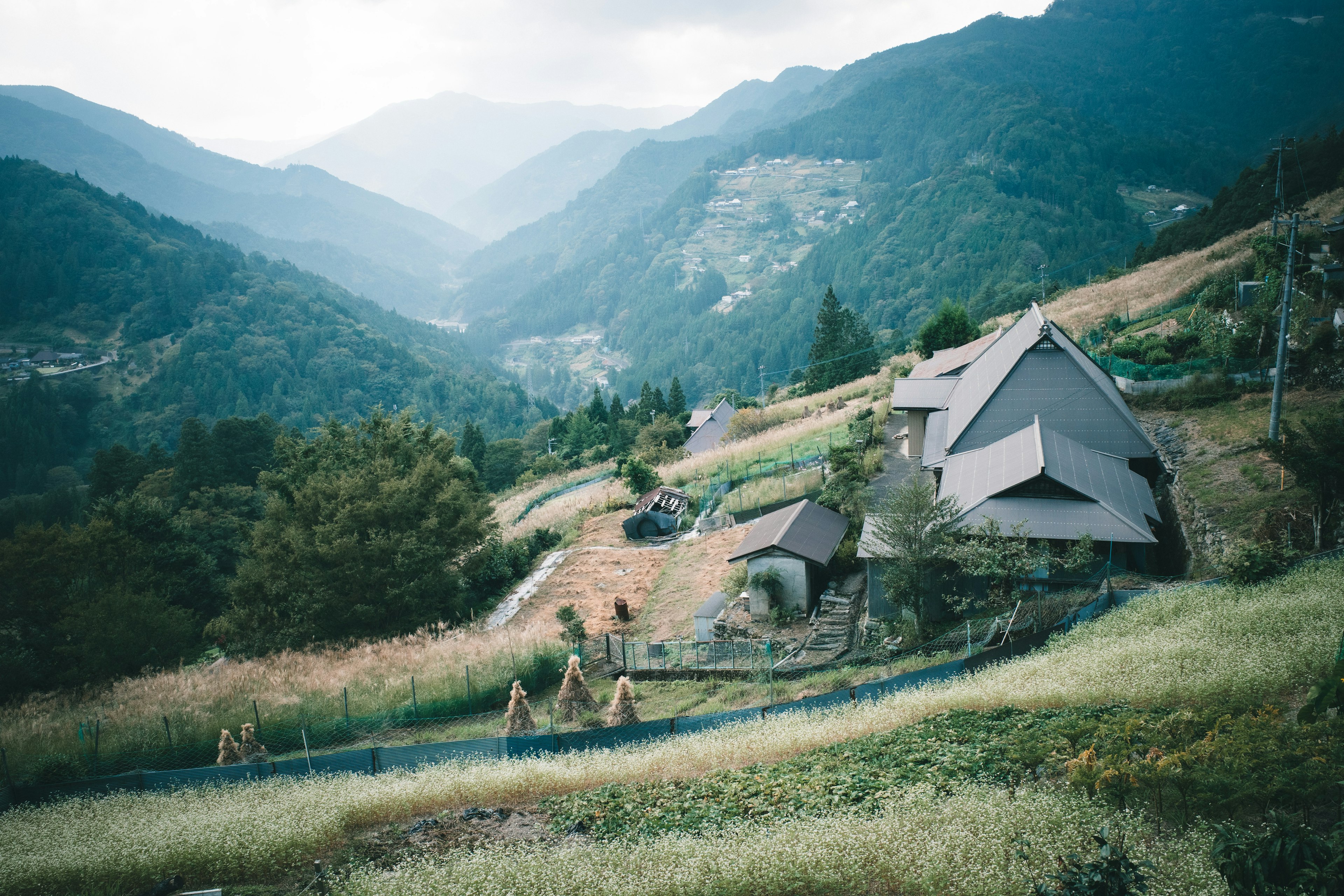 Malersicher Blick auf grüne Berge und ein Landhaus