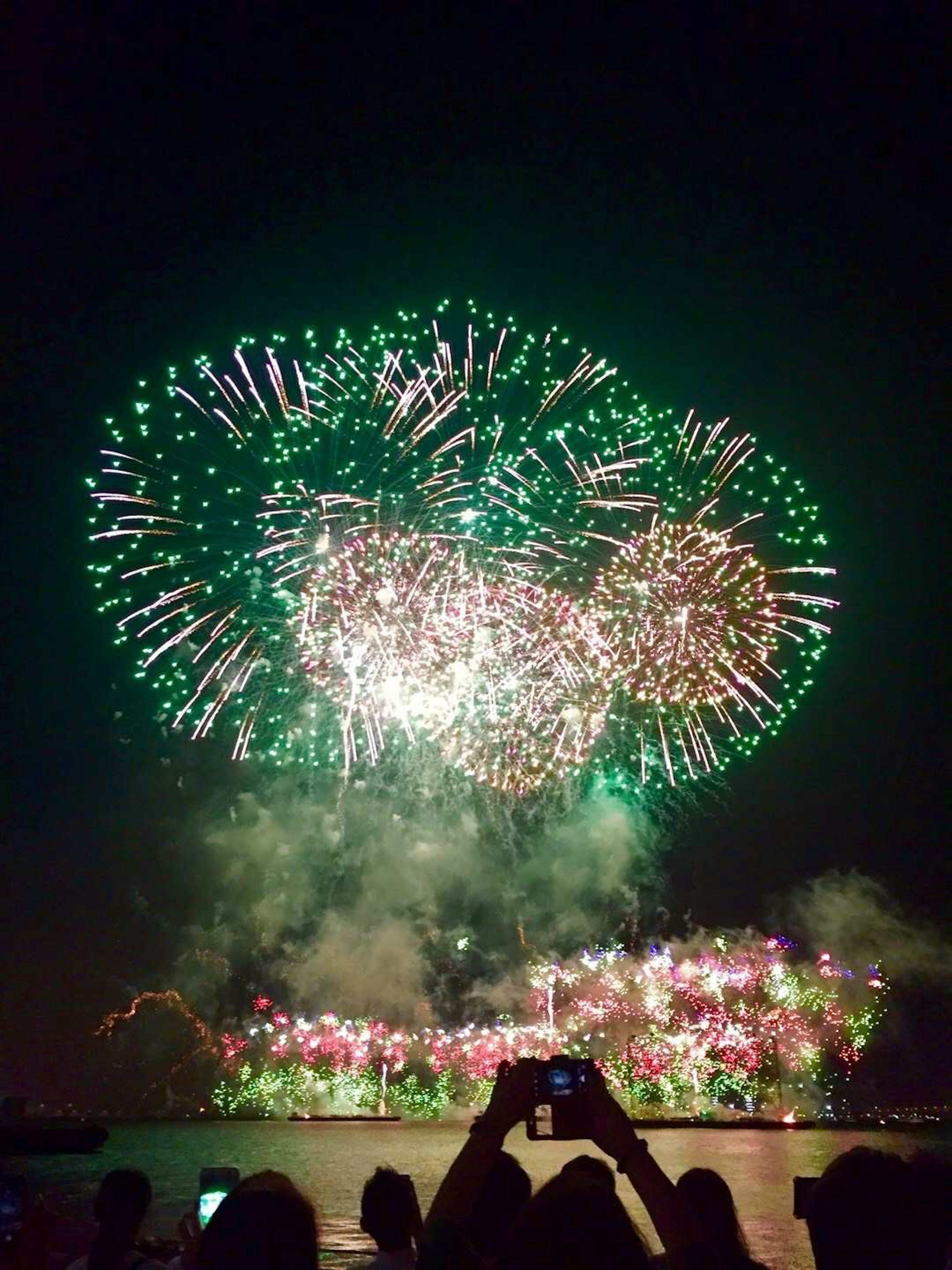 Colorful fireworks display in green and pink illuminating the night sky