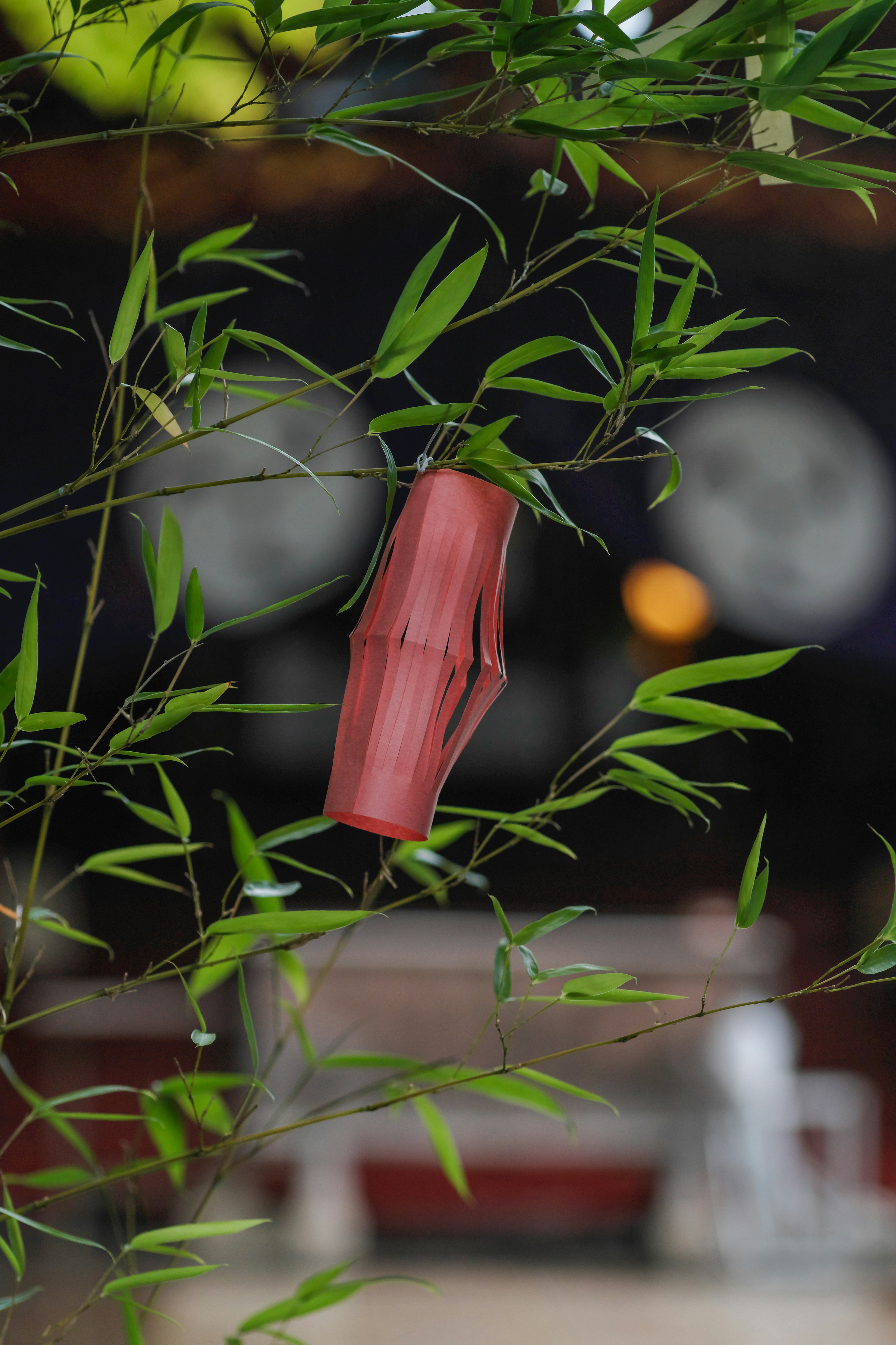 A red container hanging among green bamboo leaves