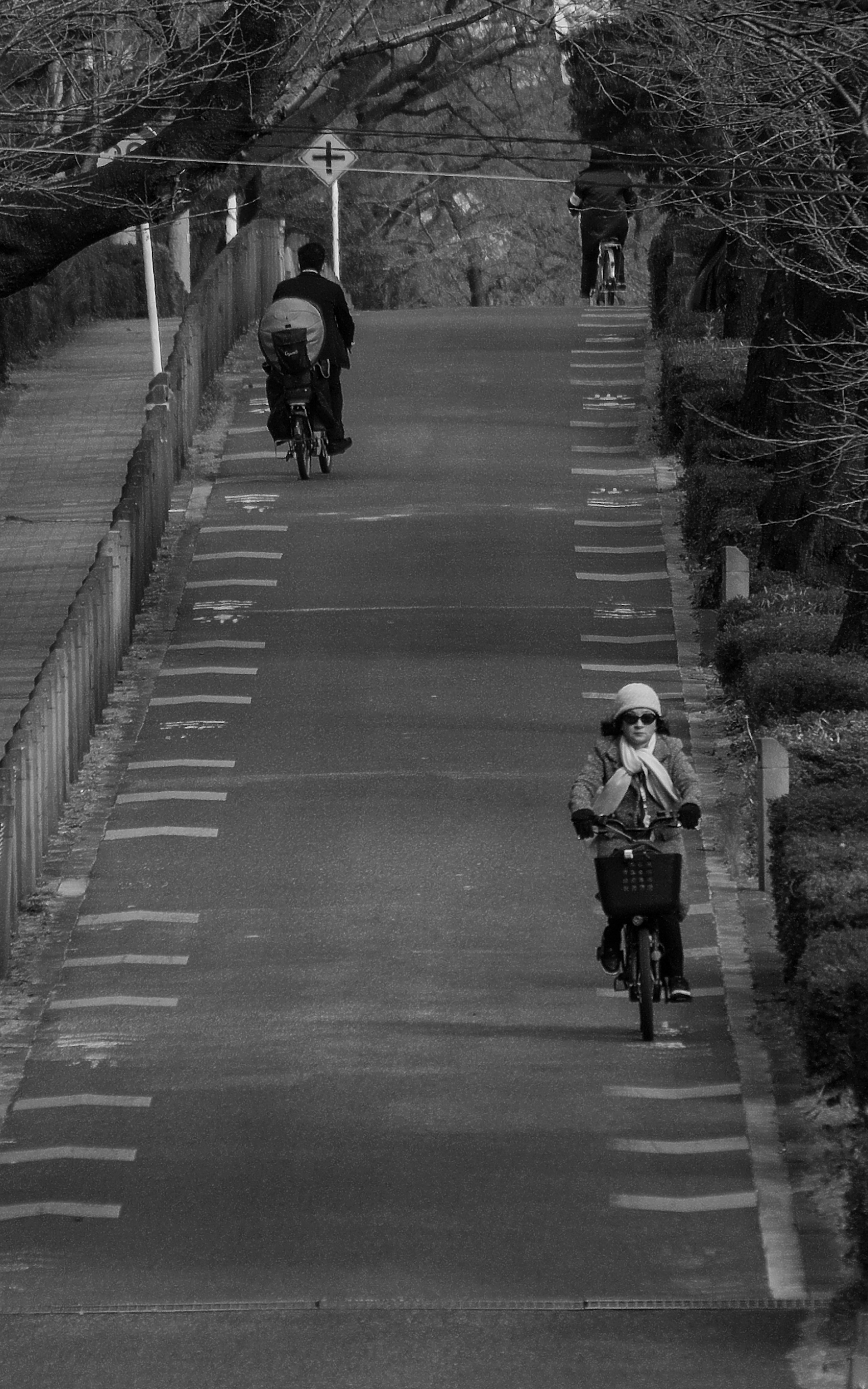 Ein ruhiger Weg mit Radfahrern in Schwarzweiß