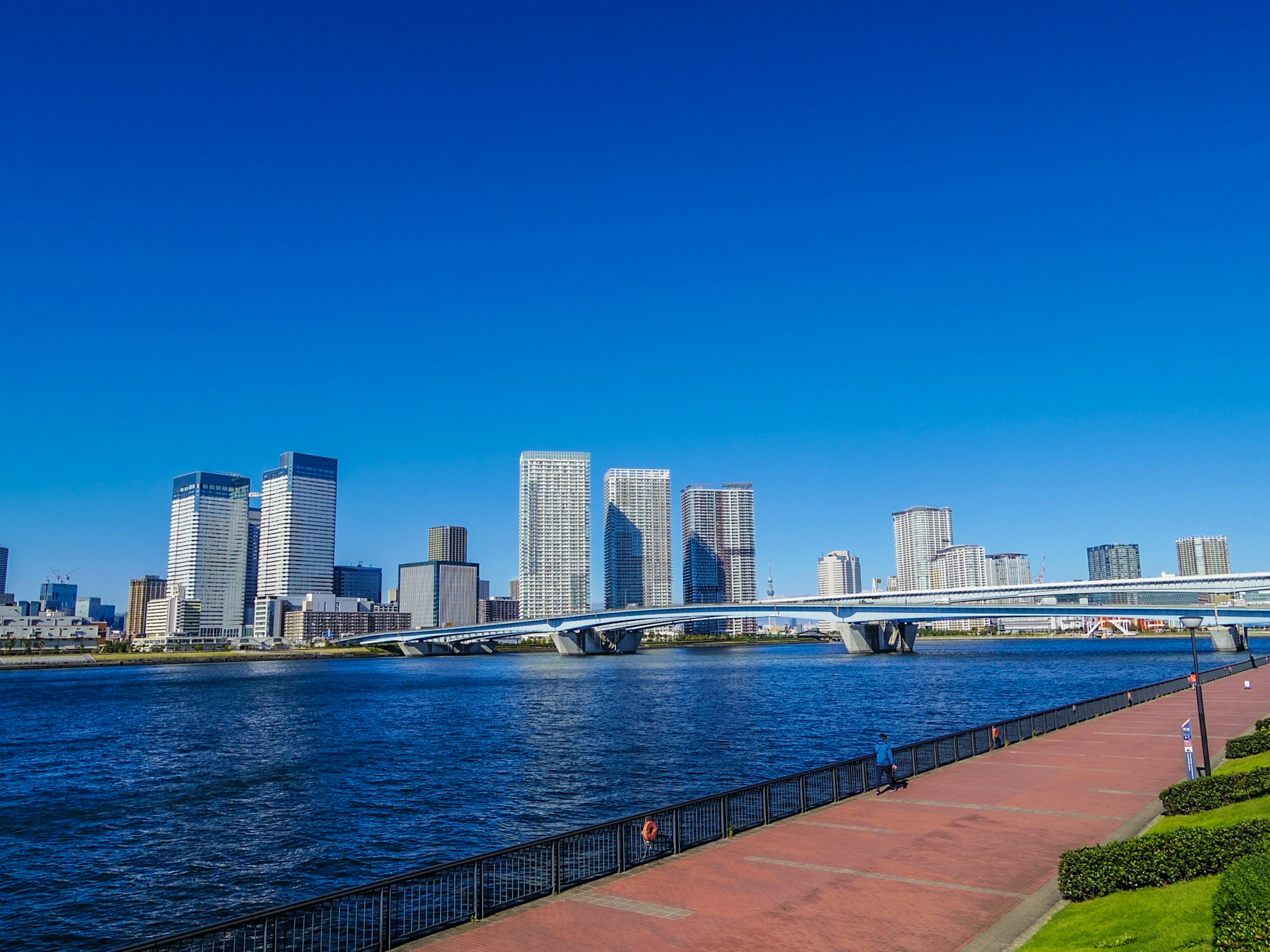 Skyline della città con grattacieli moderni lungo un fiume sotto un cielo blu limpido