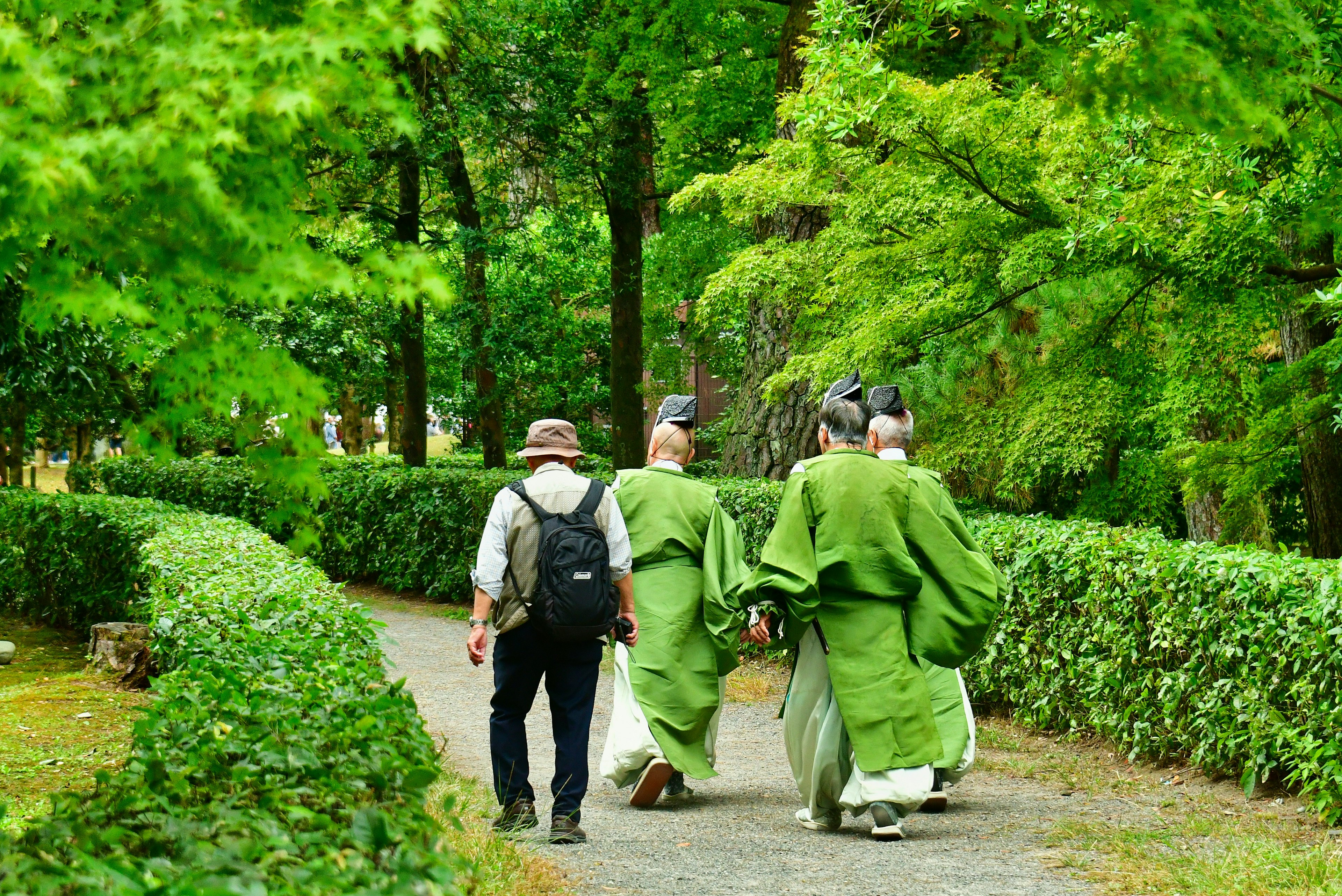 Pemandangan orang-orang berpakaian kimono berjalan di taman hijau bersama wisatawan