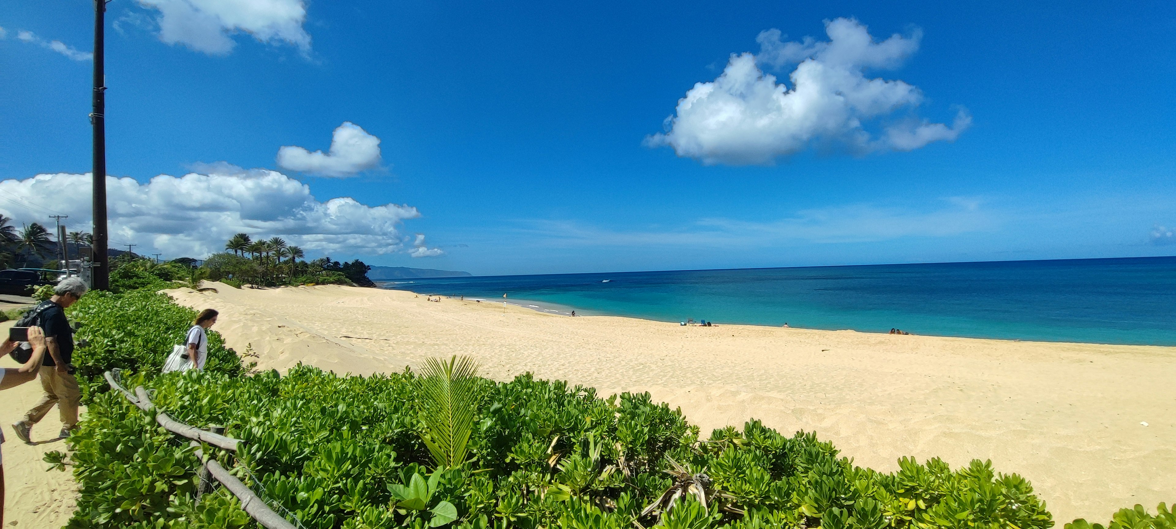 Vista de playa escénica con cielo azul y nubes blancas