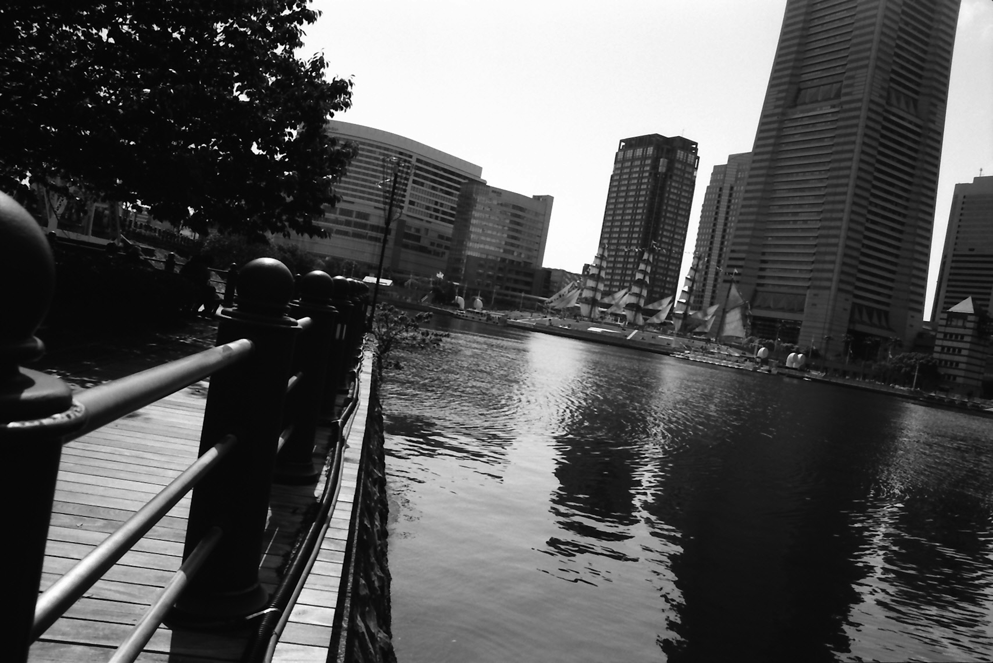 Black and white photo of a wooden deck along a river with high-rise buildings