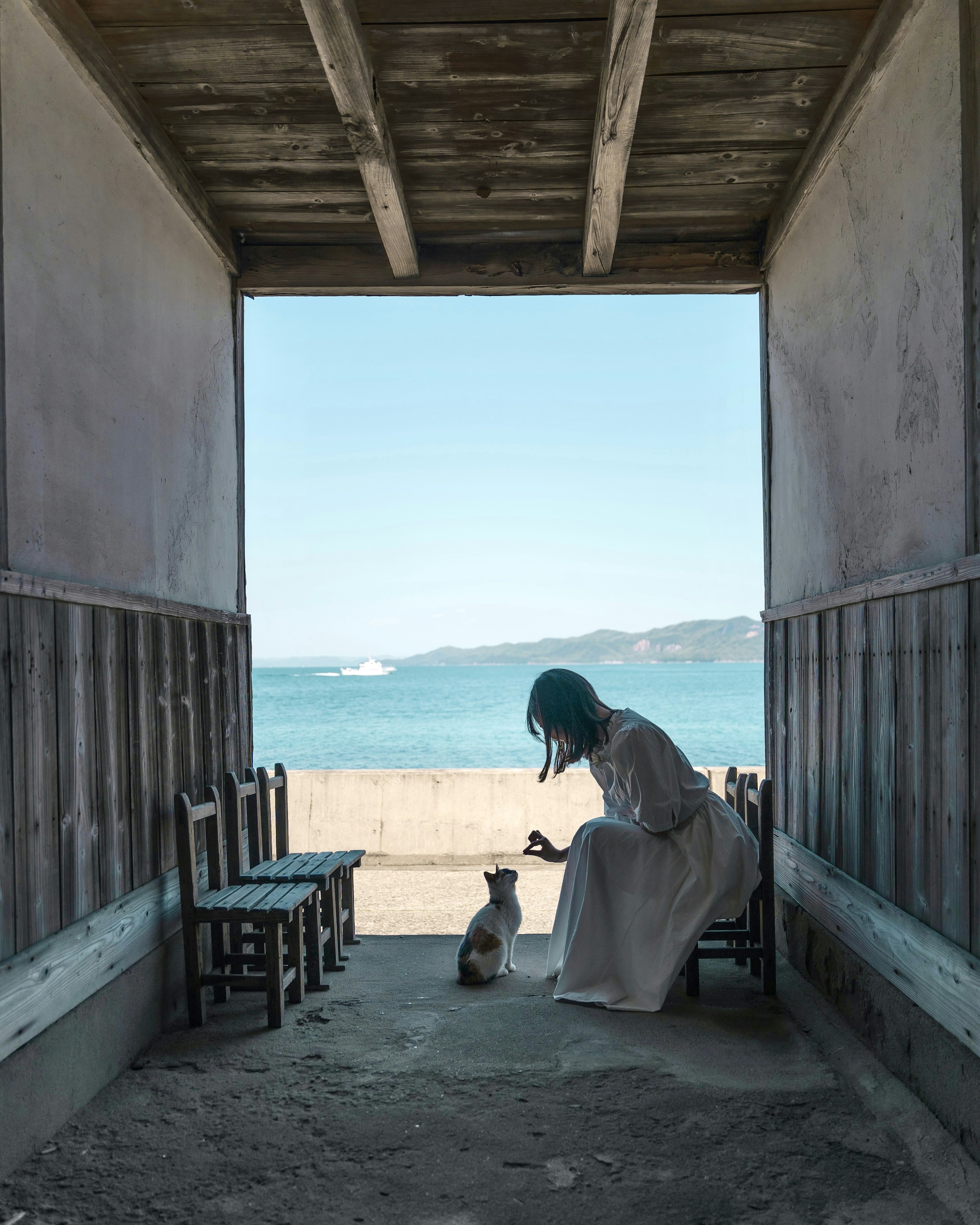 A woman interacting with a dog in a beachside hut