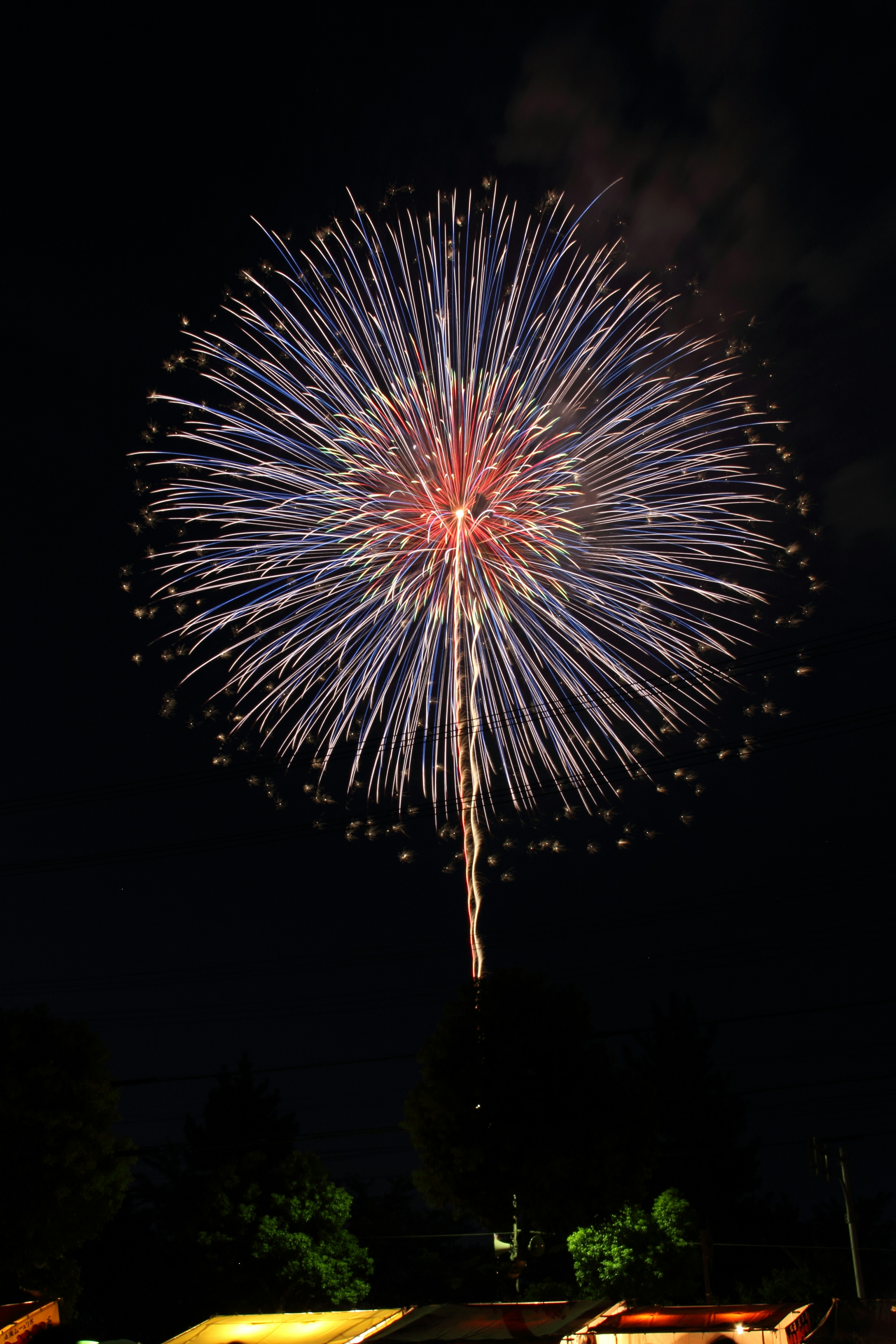 Un grande esplosione di fuochi d'artificio nel cielo notturno con colori vivaci rosso e blu