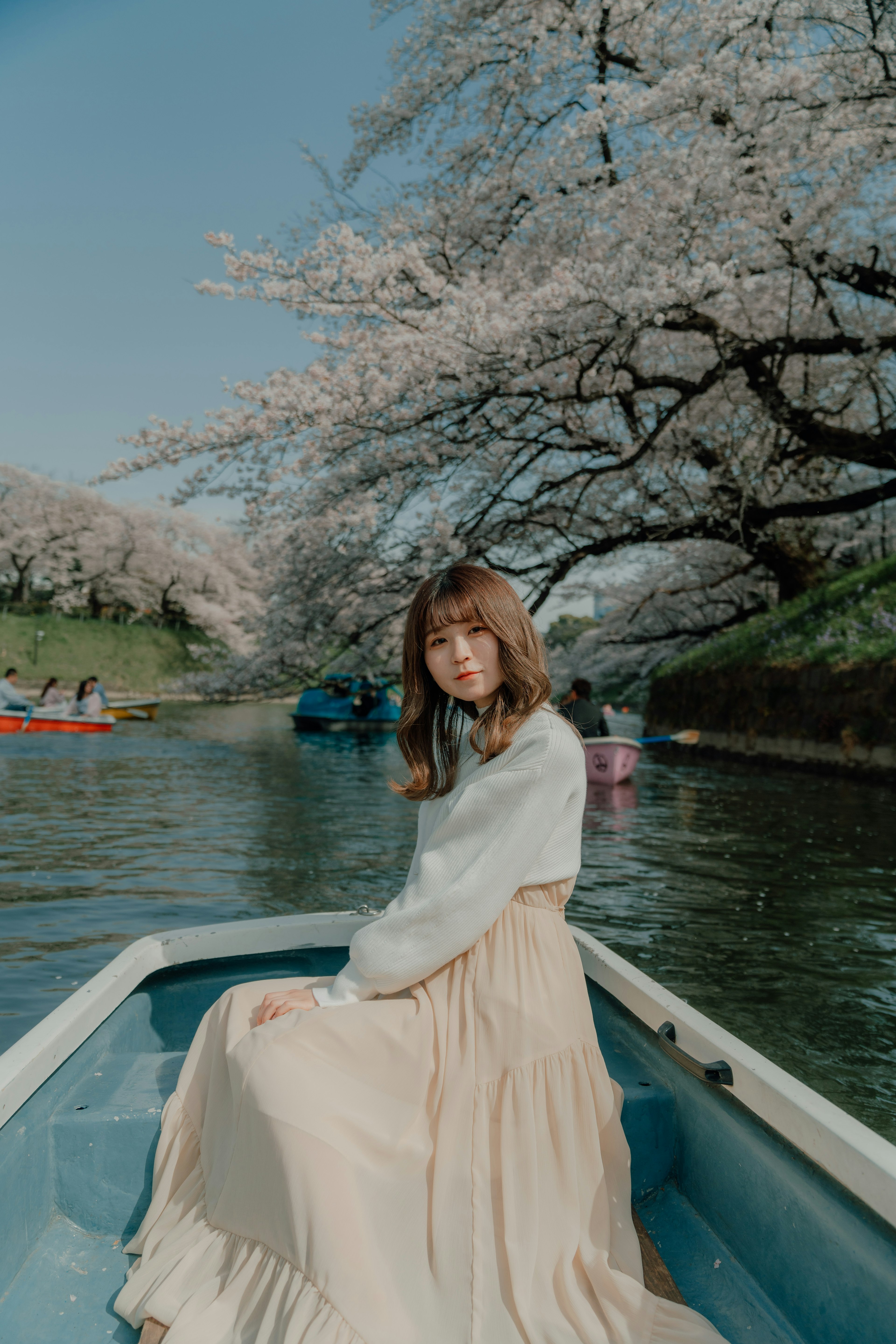 Femme assise dans un bateau sous des cerisiers en fleurs