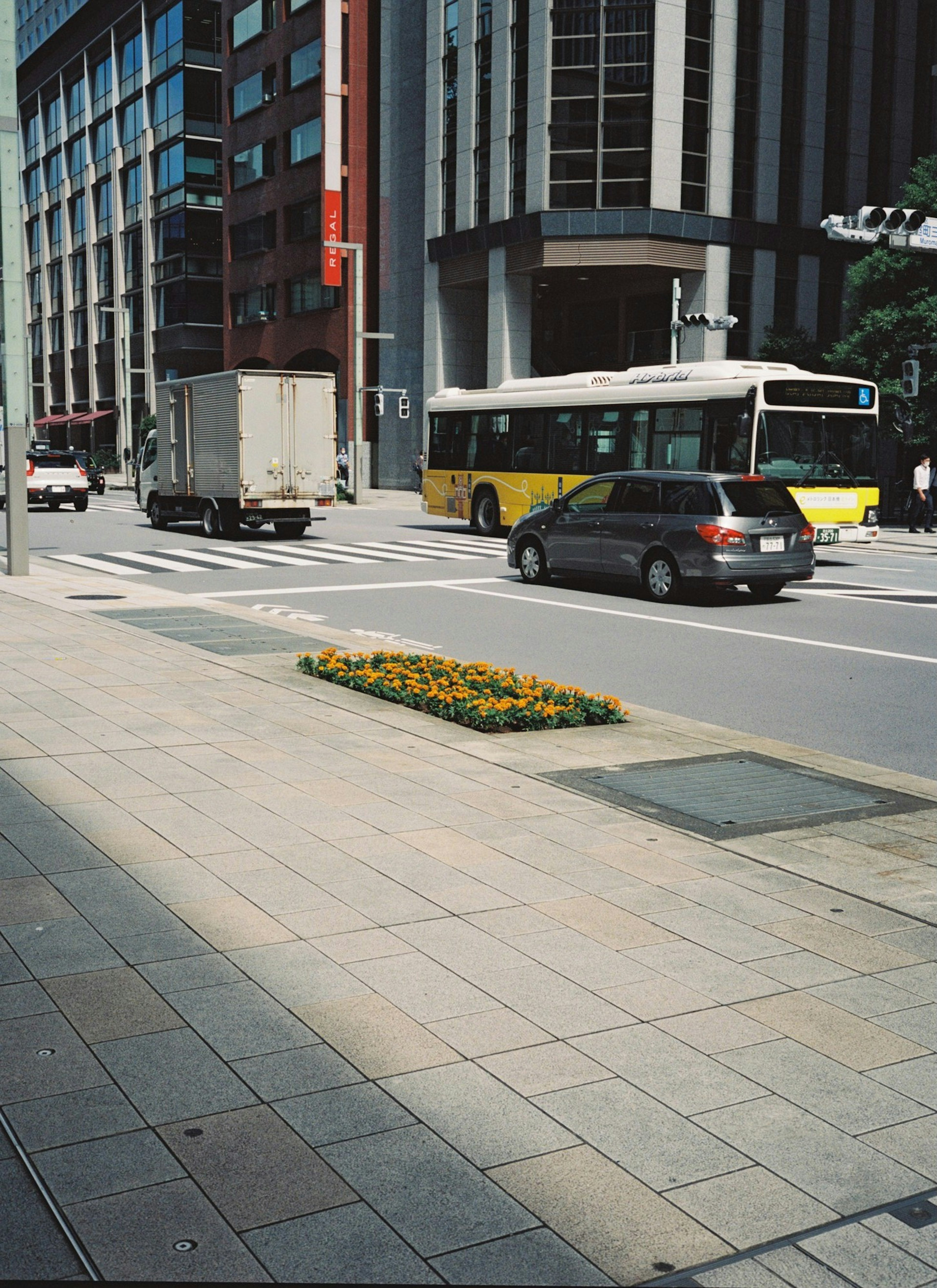 都市の交差点にあるバスと車の通行風景