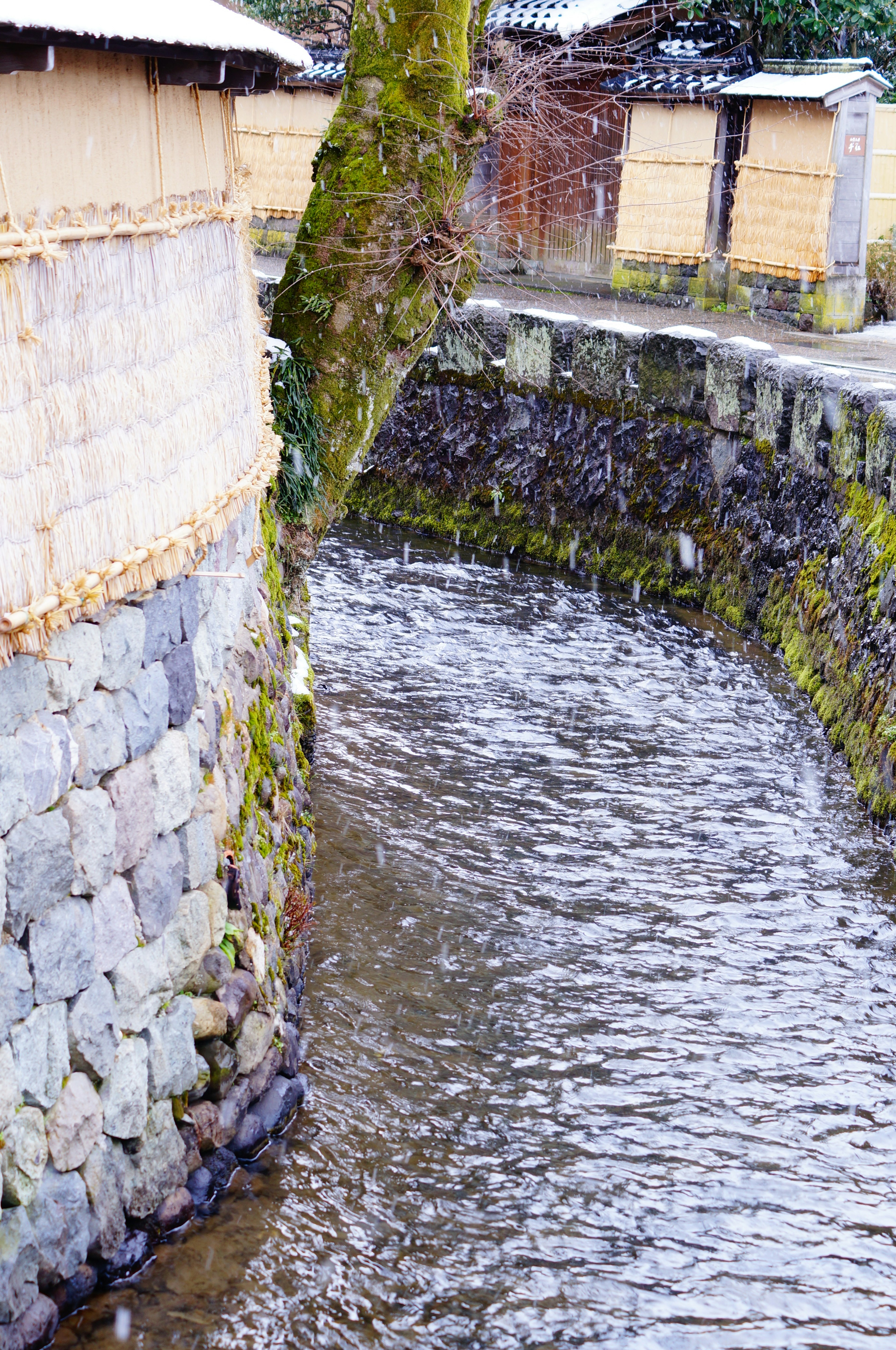 石造りの堤防と水の流れを持つ風景