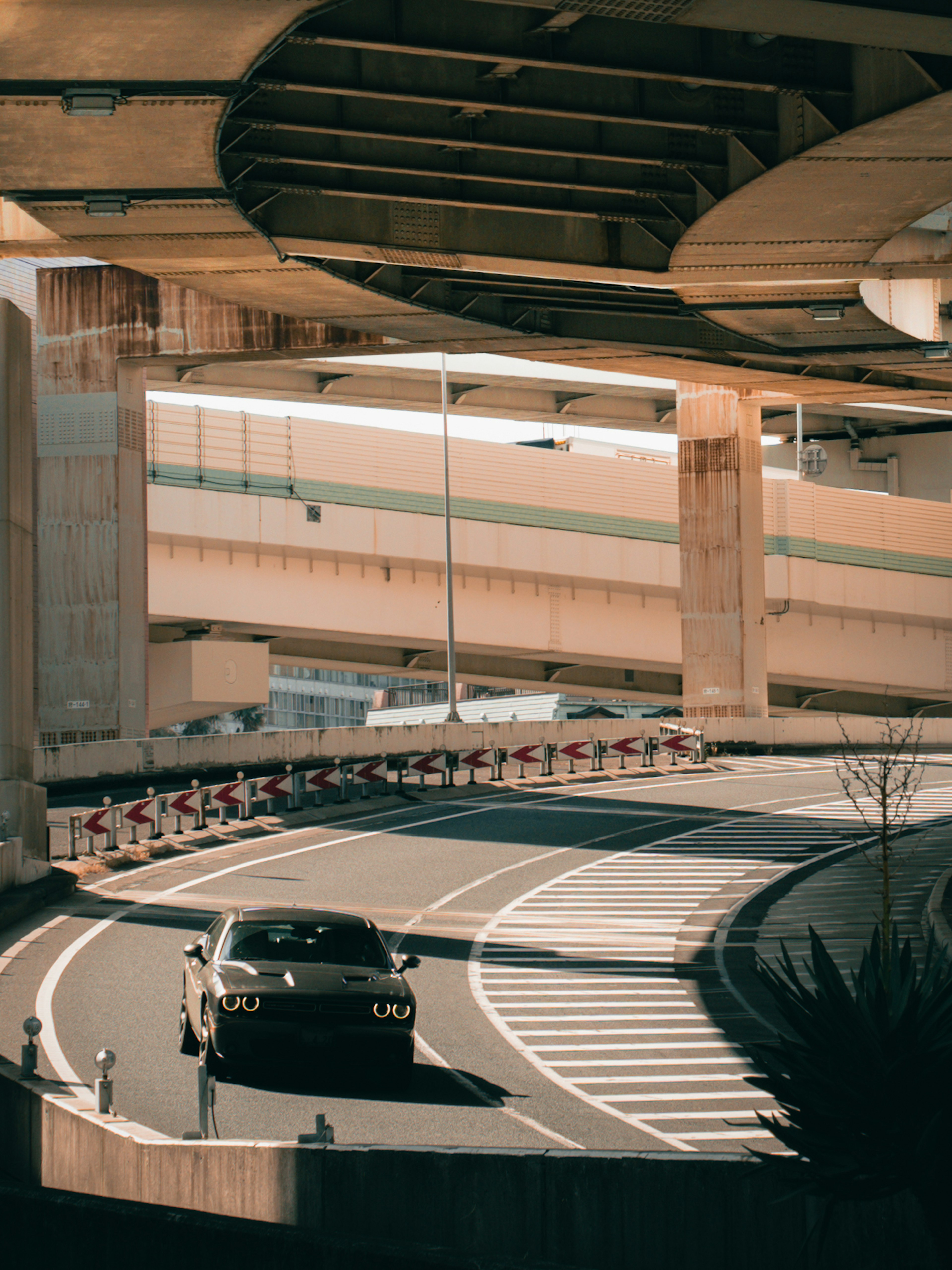 A black car navigating a curved road under an elevated highway